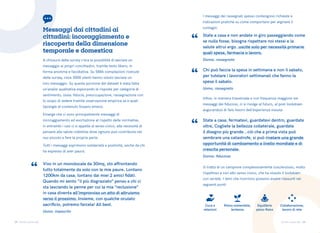 25 26
Torino come stai Torino come stai
A chiusura della survey c’era la possibilità di lasciare un
messaggio ai propri concittadini, tramite testo libero, in
forma anonima e facoltativa. Su 5886 compilazioni ricevute
della survey, circa 3000 utenti hanno voluto lasciare un
loro messaggio. Su questa porzione del dataset è stata fatta
un’analisi qualitativa esplorando le risposte per categorie di
sentimento, ossia: fiducia, preoccupazione, rassegnazione con
lo scopo di vedere tramite osservazione empirica se e quali
tipologie di contenuto fossero emersi.
Emerge che ci sono principalmente messaggi di
incoraggiamento ed esortazione al rispetto delle normative,
in entrambi i casi ci si appella al senso civico, alla necessità di
pensare alla salute collettiva dove ognuno può contribuire nel
suo piccolo a fare la propria parte.
Tutti i messaggi esprimono solidarietà e positività, anche da chi
ha espresso di aver paura:
Infine, in maniera trasversale e con frequenza maggiore nei
messaggi dei fiduciosi, ci si rivolge al futuro, al post-lockdown
augurandosi di fare tesoro dell’esperienza vissuta:
I messaggi dei rassegnati spesso contengono richieste e
indicazioni pratiche su come comportarsi per arginare il
contagio:
State a casa e non andate in giro passeggiando come
se nulla fosse, bisogna rispettare noi stessi e la
salute altrui ergo..uscite solo per necessità primarie
quali spesa, farmacia o lavoro.
Donna, rassegnata
State a casa, fermatevi, guardatevi dentro, guardate
oltre, Cogliete la bellezza collaterale, guardate
il disegno più grande...ciò che a prima vista può
sembrare una catastrofe, si può rivelare una grande
opportunità di cambiamento a livello mondiale e di
crescita personale.
Donna, fiduciosa
Chi può faccia la spesa in settimana e non il sabato,
per tutelare i lavoratori settimanali che fanno la
spesa il sabato.
Uomo, rassegnato
Vivo in un monolocale da 30mq, sto affrontando
tutto totalmente da solo con le mie paure. Lontano
1200km da casa, lontano dai miei 2 amici fidàti.
Quando mi sento “il più disgraziato” penso a chi ci
sta lasciando le penne per cui la mia “reclusione”
in casa diventa all’improvviso un atto di altruismo
verso il prossimo. Insieme, con qualche oculato
sacrificio, potremo farcela! All best.
Uomo, impaurito
“
“
“
“
Messaggi dai cittadini ai
cittadini: incoraggiamento e
riscoperta della dimensione
temporale e domestica
Si tratta di un campione complessivamente coscienzioso, molto
rispettoso e con alto senso civico, che ha vissuto il lockdown
con serietà. I temi che ricorrono possono essere riassunti nei
seguenti punti:
Collaborazione,
lavoro di rete
Cura e
relazioni
Equilibrio
psico-fisico
Ritmo sostenibile,
lentezza
 