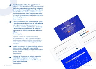 29 30
Torino come stai Torino come stai
Rispettiamoci l’un l’altro. Non aggrediamoci ai
balconi o in coda fuori dal supermercato. Ognuno ha
una propria stabilità/instabilità emotiva. Reagiamo
da comunità, non da singoli individui. Aumentiamo
la nostra tolleranza d’animo, cerchiamo di esser
più comprensivi verso scelte differenti dalle nostre
perchè non conosciamo ogni singola storia di vita e i
vissuti di ogni persona.
Donna, impaurita
Essere spaventati non vuol dire non reagire, quindi
è necessario pensare a come fare per ridurre anche
solo un po’ tensione e depressione e continuare
ad avere una normalità quotidiana che ci sostenga
e tenga allenati psicologicamente per poter alla
fine ripartire più in fretta, perché farlo sarà molto
difficile
Donna, impaurita
Bisogna sentirsi come un anello di catena, nessuno
deve venir meno alle proprie responsabilità,
altrimenti compromette la solidità e l’efficacia. Solo
insieme si vince!
Uomo, impaurito
Troviamo dei momenti in cui pensare in positivo,
mettendo da parte almeno un po’ la paura.
Pensiamo a come potremmo essere utili ora e in
futuro per la collettività.
Uomo, impaurito
“
“
“
“
In generale si osserva una acquisita consapevolezza
sull’interdipendenza tra le parti, la pandemia riguarda tutti
senza distinzione anagrafica, condizione economica o altro e
occorre collaborare in modo coordinato agendo con spirito
comunitario.
 