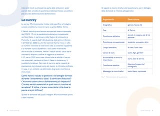 5 6
Torino come stai Torino come stai
La survey
La survey #Torinocomestai è stata nello specifico un’indagine
sociale condotta nei mesi di marzo e aprile 2020 a Torino.
L’Italia è stata la prima nazione europea ad essere interessata
dal COVID-19 con la pandemia localizzata principalmente
nel Nord Italia, in particolare nelle Regioni di Lombardia e
Piemonte. A seguito dell’individuazione delle prime infezioni,
il 21 febbraio 2020 le autorità nazionali hanno messo in atto
un numero crescente di restrizioni volte a contenere l’epidemia
e a ritardare il picco epidemico. Sono state innanzitutto
chiuse scuole e università, limitati i raduni sociali, chiusi bar e
ristoranti e disposto l’ordine di soggiorno a domicilio.
Il 12 marzo 2020 sono state chiuse tutte le attività e i servizi
non essenziali, mettendo di fatto il Paese in isolamento, il
cosiddetto lockdown. Nei mesi di marzo e aprile, quando la
popolazione non doveva uscire per lavoro, si è trovata confinata
in casa, in un contesto caratterizzato da grande incertezza e
insicurezza.
interventi mirati e anticipati da parte delle istituzioni: poter
avere il dato a livello di quartiere avrebbe permesso una lettura
più accurata dell’evoluzione del fenomeno.
Come hanno vissuto le persone e le famiglie torinesi
durante l’isolamento a casa? Si sentivano fiduciosi?
Chi erano coloro che si dichiaravano più impauriti?
C’erano servizi essenziali ai quali non si riusciva ad
accedere? E infine, c’erano zone della città dove la
paura era più diffusa?
Di seguito la macro struttura del questionario, per il dettaglio
delle domande si rimanda all’appendice.
Queste le domande alle quali l’indagine #Torinocomestai prova
a dare risposta.
Argomento Descrizione
Anagrafica genere, fascia età
Cap di Torino
Condizione abitativa
da soli, in coppia, più di tre
persone
Condizione occupazionale studente, occupato, altro
Luogo lavorativo in casa, fuori casa
Carico di cura si/no; figli, genitori
Accessibilità ai servizi e
importanza
sì/no; lista di servizi
Condizione emotiva
fiducioso/impaurito/
rassegnato
Messaggio ai concittadini testo libero, opzionale
Fig.1 • Macrostruttura del questionario
 