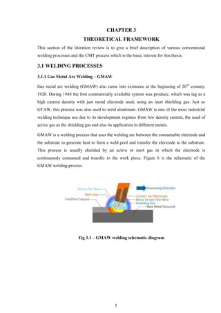 3
CHAPTER 3
THEORETICAL FRAMEWORK
This section of the literation review is to give a brief description of various conventional
welding processes and the CMT process which is the basic interest for this thesis.
3.1 WELDING PROCESSES
3.1.1 Gas Metal Arc Welding – GMAW
Gas metal arc welding (GMAW) also came into existence at the beginning of 20th
century,
1920. During 1948 the first commercially available system was produce, which was tag as a
high current density with just metal electrode used, using an inert shielding gas. Just as
GTAW, this process was also used to weld aluminum. GMAW is one of the most industrial
welding technique use due to its development regimes from low density current, the used of
active gas as the shielding gas and also its application in different metals.
GMAW is a welding process that uses the welding arc between the consumable electrode and
the substrate to generate heat to form a weld pool and transfer the electrode to the substrate.
This process is usually shielded by an active or inert gas in which the electrode is
continuously consumed and transfer to the work piece. Figure 6 is the schematic of the
GMAW welding process.
Fig 3.1 – GMAW welding schematic diagram
 