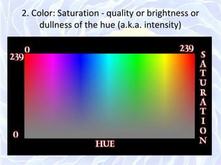 2. Color: Saturation - quality or brightness or
dullness of the hue (a.k.a. intensity)
 