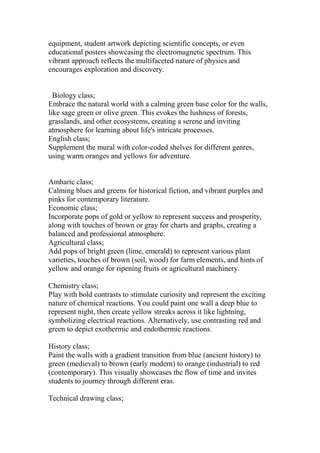 equipment, student artwork depicting scientific concepts, or even
educational posters showcasing the electromagnetic spectrum. This
vibrant approach reflects the multifaceted nature of physics and
encourages exploration and discovery.
Biology class;
Embrace the natural world with a calming green base color for the walls,
like sage green or olive green. This evokes the lushness of forests,
grasslands, and other ecosystems, creating a serene and inviting
atmosphere for learning about life's intricate processes.
English class;
Supplement the mural with color-coded shelves for different genres,
using warm oranges and yellows for adventure.
Amharic class;
Calming blues and greens for historical fiction, and vibrant purples and
pinks for contemporary literature.
Economic class;
Incorporate pops of gold or yellow to represent success and prosperity,
along with touches of brown or gray for charts and graphs, creating a
balanced and professional atmosphere.
Agricultural class;
Add pops of bright green (lime, emerald) to represent various plant
varieties, touches of brown (soil, wood) for farm elements, and hints of
yellow and orange for ripening fruits or agricultural machinery.
Chemistry class;
Play with bold contrasts to stimulate curiosity and represent the exciting
nature of chemical reactions. You could paint one wall a deep blue to
represent night, then create yellow streaks across it like lightning,
symbolizing electrical reactions. Alternatively, use contrasting red and
green to depict exothermic and endothermic reactions.
History class;
Paint the walls with a gradient transition from blue (ancient history) to
green (medieval) to brown (early modern) to orange (industrial) to red
(contemporary). This visually showcases the flow of time and invites
students to journey through different eras.
Technical drawing class;
 
