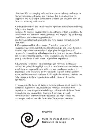 of student life, encouraging individuals to embrace change and adapt to
new circumstances. It serves as a reminder that high school is a eet
ing phase, and by living in the moment, students can make the most of
their ever-evolving environment.
3. Mindful Presence: The spiral can also represent mindfulness and being
fully present in each
moment. As students navigate the twists and turns of high school life, the
spiral serves as a reminder to stay grounded and engaged. By cultivating
mindfulness, students can appreciate the
small joys, celebrate achievements, and form deeper connections with
their peers.
4. Connection and Interdependence: A spiral is composed of
interconnected loops, symbolizing the relationships and social dynamics
within a high school community. It highlights the significance of
meaningful connections with classmates, teachers, and mentors. Students
can recognize that the quality of their interactions and relationships
greatly contributes to their overall high school experience.
5. Expanding Horizons: The spiral shape can represent the broader
perspective gained during high school. As students move outward on the
spiral, they are exposed to new subjects, ideas, and opportunities. It
encourages them to explore diverse interests, step out of their comfort
zones, and broaden their horizons. By living in the moment, students can
fully engage with these opportunities and develop a well-rounded
perspective.
By expressing the theme of living in the moment on a spiral shape in the
context of high school life, students are reminded to cherish their
experiences, embrace growth and change, cultivate mindfulness, foster
connections, and expand their horizons. It serves as a visual
representation of the transformative journey that high school and
encourages students to make the most of their present moments.
First step
Using the shape of a spiral we
formulated the design
 