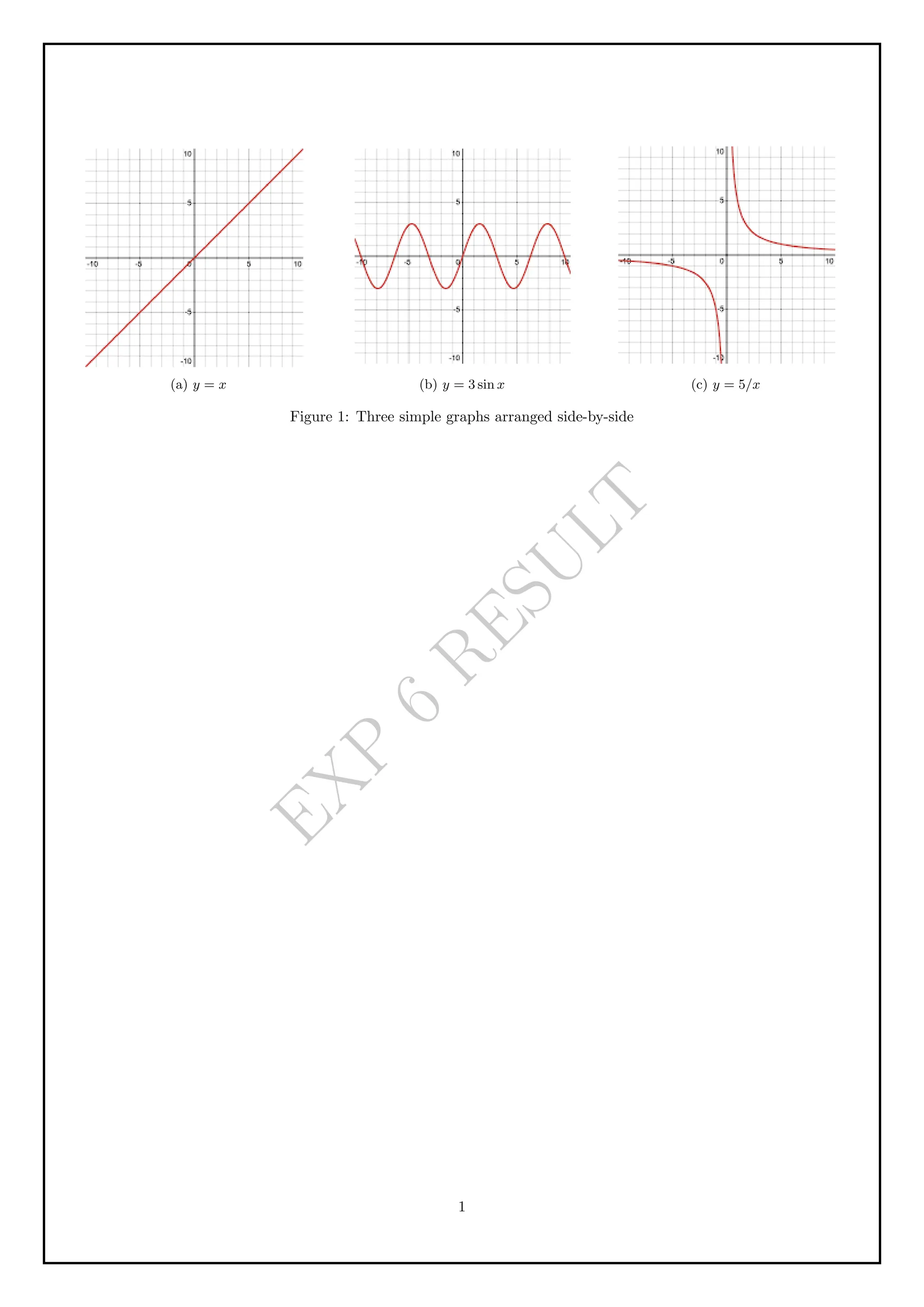 E
X
P
6
R
E
S
U
L
T
(a) y = x (b) y = 3 sin x (c) y = 5/x
Figure 1: Three simple graphs arranged side-by-side
1
 