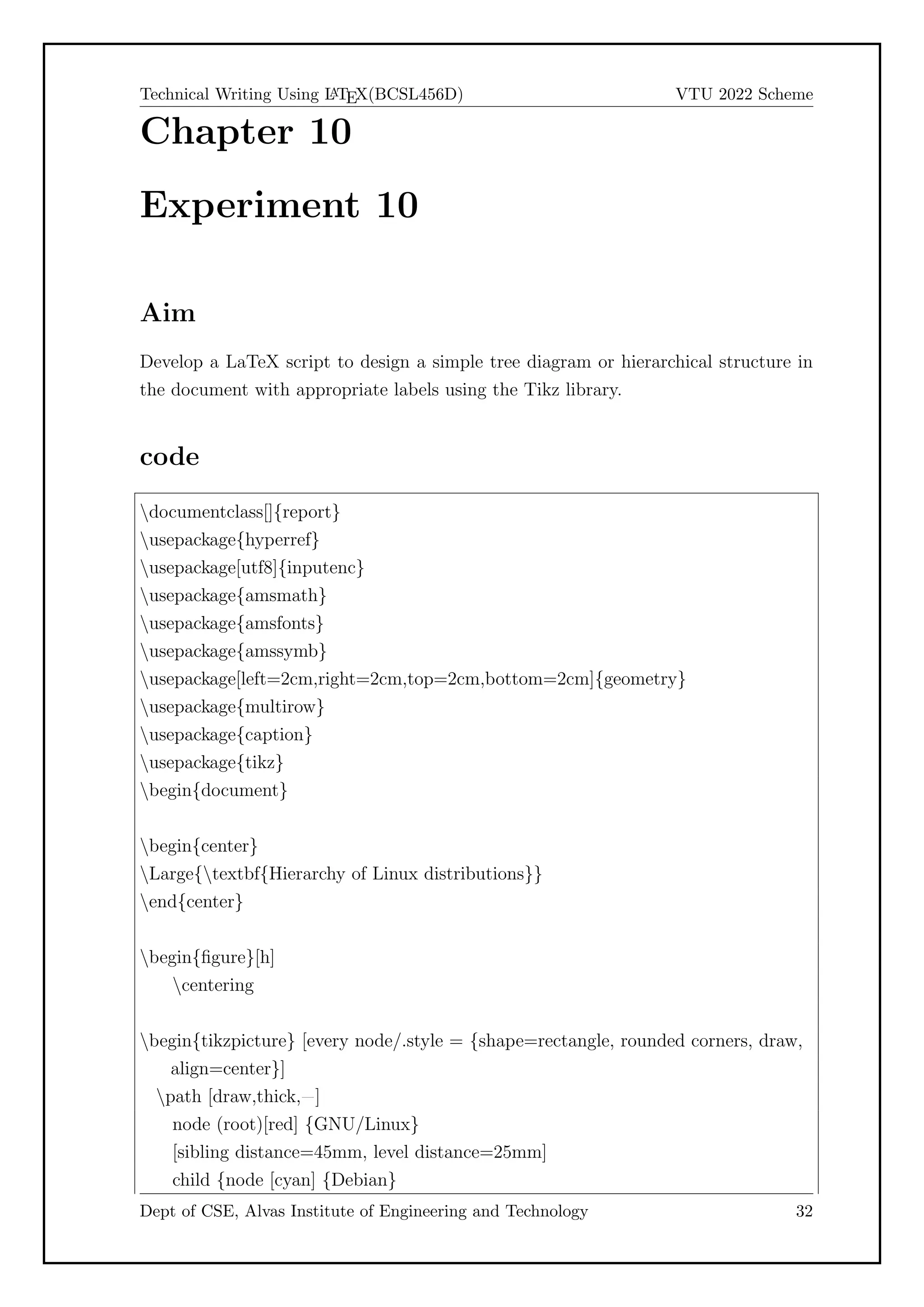 Technical Writing Using L
A
TEX(BCSL456D) VTU 2022 Scheme
Chapter 10
Experiment 10
Aim
Develop a LaTeX script to design a simple tree diagram or hierarchical structure in
the document with appropriate labels using the Tikz library.
code
documentclass[]{report}
usepackage{hyperref}
usepackage[utf8]{inputenc}
usepackage{amsmath}
usepackage{amsfonts}
usepackage{amssymb}
usepackage[left=2cm,right=2cm,top=2cm,bottom=2cm]{geometry}
usepackage{multirow}
usepackage{caption}
usepackage{tikz}
begin{document}
begin{center}
Large{textbf{Hierarchy of Linux distributions}}
end{center}
begin{figure}[h]
centering
begin{tikzpicture} [every node/.style = {shape=rectangle, rounded corners, draw,
align=center}]
path [draw,thick,=]
node (root)[red] {GNU/Linux}
[sibling distance=45mm, level distance=25mm]
child {node [cyan] {Debian}
Dept of CSE, Alvas Institute of Engineering and Technology 32
 