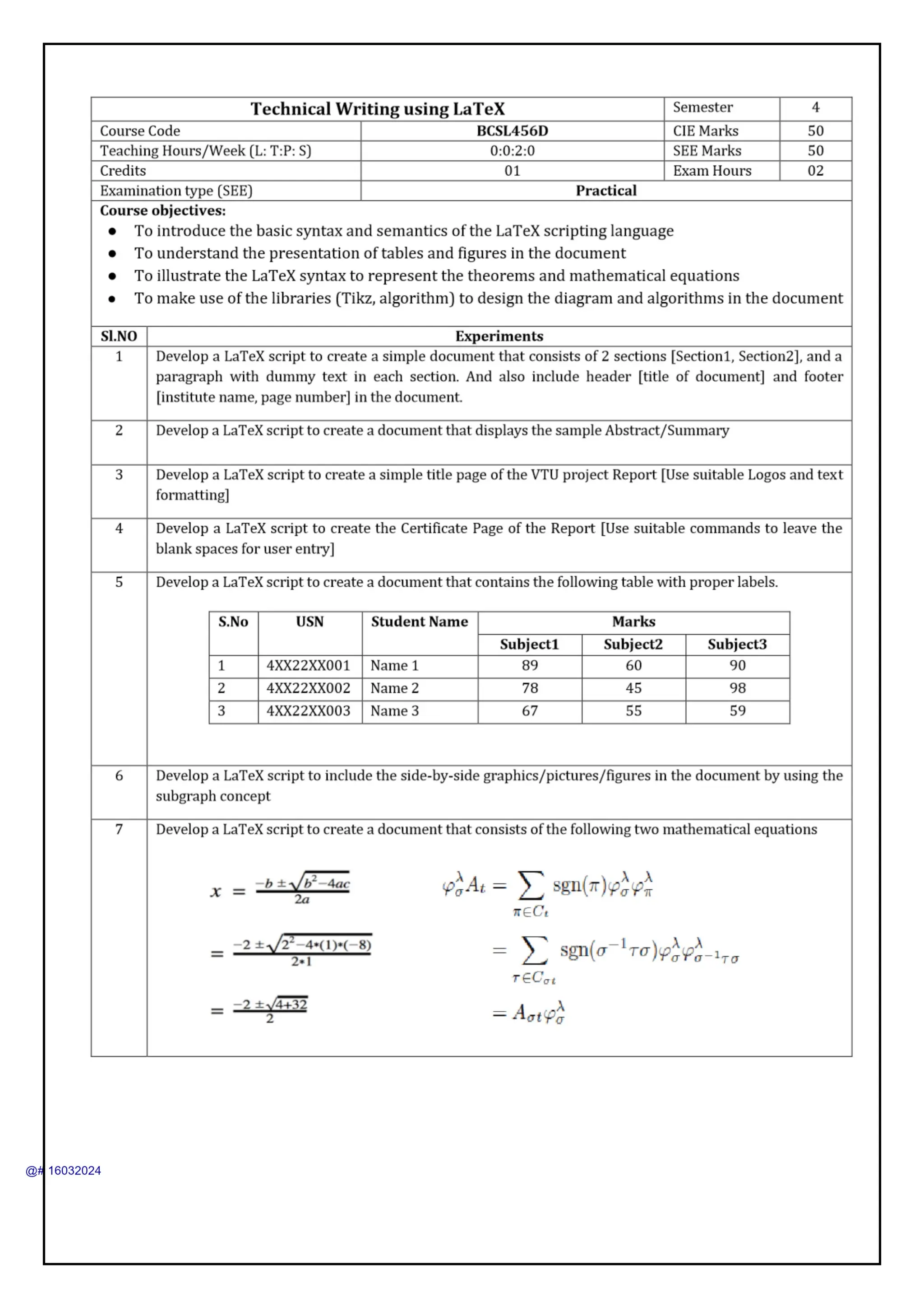Technical Writing Using LaTeX Manual for 4th CSE VTU