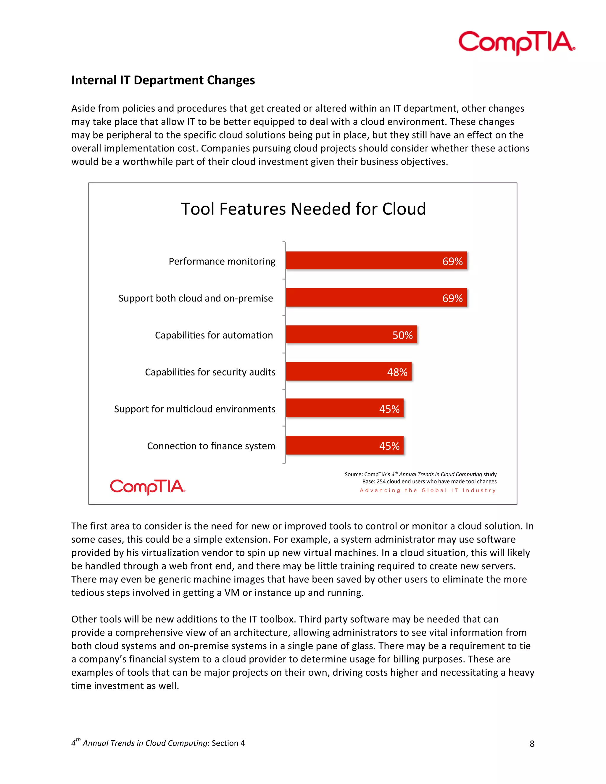  

Internal	
  IT	
  Department	
  Changes	
  
	
  
Aside	
  from	
  policies	
  and	
  procedures	
  that	
  get	
  created	
  or	
  altered	
  within	
  an	
  IT	
  department,	
  other	
  changes	
  
may	
  take	
  place	
  that	
  allow	
  IT	
  to	
  be	
  better	
  equipped	
  to	
  deal	
  with	
  a	
  cloud	
  environment.	
  These	
  changes	
  
may	
  be	
  peripheral	
  to	
  the	
  specific	
  cloud	
  solutions	
  being	
  put	
  in	
  place,	
  but	
  they	
  still	
  have	
  an	
  effect	
  on	
  the	
  
overall	
  implementation	
  cost.	
  Companies	
  pursuing	
  cloud	
  projects	
  should	
  consider	
  whether	
  these	
  actions	
  
would	
  be	
  a	
  worthwhile	
  part	
  of	
  their	
  cloud	
  investment	
  given	
  their	
  business	
  objectives.	
  
	
  

!""#$%&'()*&+$,&&-&-$."*$/#")$
D&*."*<'78&$<"7@("*@7E$

562$

=)>>"*($A"(B$8#")-$'7-$"7C>*&<@+&$$

562$

/'>'A@#@9&+$."*$')("<'9"7$$
/'>'A@#@9&+$."*$+&8)*@(;$')-@(+$

142$
032$

=)>>"*($."*$<)#98#")-$&7?@*"7<&7(+$

012$

/"77&89"7$("$:7'78&$+;+(&<$

012$
=")*8&F$/"<>!GHI+$!"#$%&&'()$*+,&-.$/&$0)1'-$0123'4&5$+()-;$
J'+&F$K10$8#")-$&7-$)+&*+$LB"$B'?&$<'-&$(""#$8B'7E&+$

	
  
	
  
The	
  first	
  area	
  to	
  consider	
  is	
  the	
  need	
  for	
  new	
  or	
  improved	
  tools	
  to	
  control	
  or	
  monitor	
  a	
  cloud	
  solution.	
  In	
  	
  
some	
  cases,	
  this	
  could	
  be	
  a	
  simple	
  extension.	
  For	
  example,	
  a	
  system	
  administrator	
  may	
  use	
  software	
  
provided	
  by	
  his	
  virtualization	
  vendor	
  to	
  spin	
  up	
  new	
  virtual	
  machines.	
  In	
  a	
  cloud	
  situation,	
  this	
  will	
  likely	
  
be	
  handled	
  through	
  a	
  web	
  front	
  end,	
  and	
  there	
  may	
  be	
  little	
  training	
  required	
  to	
  create	
  new	
  servers.	
  
There	
  may	
  even	
  be	
  generic	
  machine	
  images	
  that	
  have	
  been	
  saved	
  by	
  other	
  users	
  to	
  eliminate	
  the	
  more	
  
tedious	
  steps	
  involved	
  in	
  getting	
  a	
  VM	
  or	
  instance	
  up	
  and	
  running.	
  
	
  
Other	
  tools	
  will	
  be	
  new	
  additions	
  to	
  the	
  IT	
  toolbox.	
  Third	
  party	
  software	
  may	
  be	
  needed	
  that	
  can	
  
provide	
  a	
  comprehensive	
  view	
  of	
  an	
  architecture,	
  allowing	
  administrators	
  to	
  see	
  vital	
  information	
  from	
  
both	
  cloud	
  systems	
  and	
  on-­‐premise	
  systems	
  in	
  a	
  single	
  pane	
  of	
  glass.	
  There	
  may	
  be	
  a	
  requirement	
  to	
  tie	
  
a	
  company’s	
  financial	
  system	
  to	
  a	
  cloud	
  provider	
  to	
  determine	
  usage	
  for	
  billing	
  purposes.	
  These	
  are	
  
examples	
  of	
  tools	
  that	
  can	
  be	
  major	
  projects	
  on	
  their	
  own,	
  driving	
  costs	
  higher	
  and	
  necessitating	
  a	
  heavy	
  
time	
  investment	
  as	
  well.	
  
	
  

th

4 	
  Annual	
  Trends	
  in	
  Cloud	
  Computing:	
  Section	
  4	
  

8	
  

 