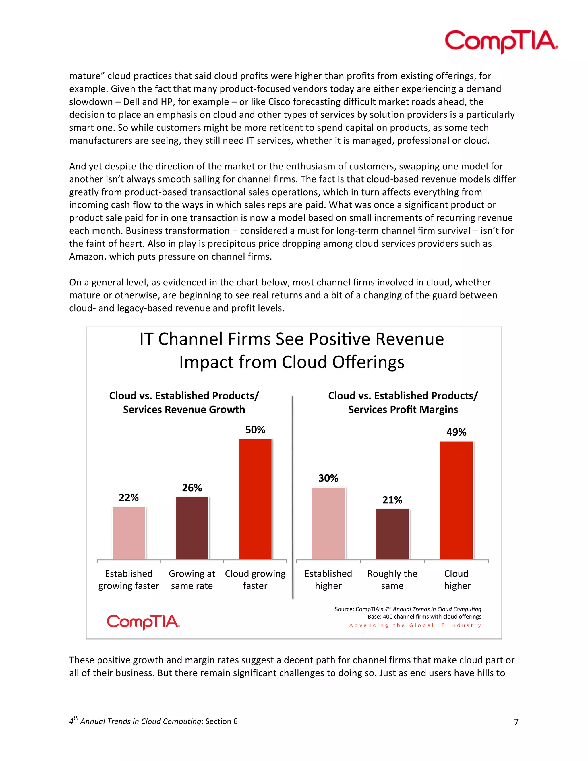  

mature”	
  cloud	
  practices	
  that	
  said	
  cloud	
  profits	
  were	
  higher	
  than	
  profits	
  from	
  existing	
  offerings,	
  for	
  
example.	
  Given	
  the	
  fact	
  that	
  many	
  product-­‐focused	
  vendors	
  today	
  are	
  either	
  experiencing	
  a	
  demand	
  
slowdown	
  –	
  Dell	
  and	
  HP,	
  for	
  example	
  –	
  or	
  like	
  Cisco	
  forecasting	
  difficult	
  market	
  roads	
  ahead,	
  the	
  
decision	
  to	
  place	
  an	
  emphasis	
  on	
  cloud	
  and	
  other	
  types	
  of	
  services	
  by	
  solution	
  providers	
  is	
  a	
  particularly	
  
smart	
  one.	
  So	
  while	
  customers	
  might	
  be	
  more	
  reticent	
  to	
  spend	
  capital	
  on	
  products,	
  as	
  some	
  tech	
  
manufacturers	
  are	
  seeing,	
  they	
  still	
  need	
  IT	
  services,	
  whether	
  it	
  is	
  managed,	
  professional	
  or	
  cloud.	
  	
  
	
  
And	
  yet	
  despite	
  the	
  direction	
  of	
  the	
  market	
  or	
  the	
  enthusiasm	
  of	
  customers,	
  swapping	
  one	
  model	
  for	
  
another	
  isn’t	
  always	
  smooth	
  sailing	
  for	
  channel	
  firms.	
  The	
  fact	
  is	
  that	
  cloud-­‐based	
  revenue	
  models	
  differ	
  
greatly	
  from	
  product-­‐based	
  transactional	
  sales	
  operations,	
  which	
  in	
  turn	
  affects	
  everything	
  from	
  
incoming	
  cash	
  flow	
  to	
  the	
  ways	
  in	
  which	
  sales	
  reps	
  are	
  paid.	
  What	
  was	
  once	
  a	
  significant	
  product	
  or	
  
product	
  sale	
  paid	
  for	
  in	
  one	
  transaction	
  is	
  now	
  a	
  model	
  based	
  on	
  small	
  increments	
  of	
  recurring	
  revenue	
  
each	
  month.	
  Business	
  transformation	
  –	
  considered	
  a	
  must	
  for	
  long-­‐term	
  channel	
  firm	
  survival	
  –	
  isn’t	
  for	
  
the	
  faint	
  of	
  heart.	
  Also	
  in	
  play	
  is	
  precipitous	
  price	
  dropping	
  among	
  cloud	
  services	
  providers	
  such	
  as	
  
Amazon,	
  which	
  puts	
  pressure	
  on	
  channel	
  firms.	
  
	
  
On	
  a	
  general	
  level,	
  as	
  evidenced	
  in	
  the	
  chart	
  below,	
  most	
  channel	
  firms	
  involved	
  in	
  cloud,	
  whether	
  
mature	
  or	
  otherwise,	
  are	
  beginning	
  to	
  see	
  real	
  returns	
  and	
  a	
  bit	
  of	
  a	
  changing	
  of	
  the	
  guard	
  between	
  
cloud-­‐	
  and	
  legacy-­‐based	
  revenue	
  and	
  profit	
  levels.	
  	
  

!"#$%&''()#*+,-.#/((#01.+23(#4(3('5(#
!-6&78#9,1-#$)15:#;<(,+'=.##
!"#$%&'()&*(+,-".(/0%&12#%$3+(4
502'.30(&60'07$0&82#9+/&

!"#$%&'()&*(+,-".(/0%&12#%$3+(4
502'.30(&12#?+&@,2A.7(&

=>;&

::;&

:<;&

>.8&?)+.%(:# A,1@+'=#&8# $)15:#=,1@+'=#
=,1@+'=#9&.8(,# .&-(#,&8(#
9&.8(,#

DE;&

B>;&
:C;&

>.8&?)+.%(:#
%+=%(,#

415=%)I#8%(#
.&-(#

$)15:#
#%+=%(,#

/15,7(B#$1-6"!CD.#!"#$%&&'()$*+,&-.$/&$0)1'-$0123'4&5#
E&.(B#FGG#7%&''()#H,-.#@+8%#7)15:#1<(,+'=.#

	
  
These	
  positive	
  growth	
  and	
  margin	
  rates	
  suggest	
  a	
  decent	
  path	
  for	
  channel	
  firms	
  that	
  make	
  cloud	
  part	
  or	
  
all	
  of	
  their	
  business.	
  But	
  there	
  remain	
  significant	
  challenges	
  to	
  doing	
  so.	
  Just	
  as	
  end	
  users	
  have	
  hills	
  to	
  

th

4 	
  Annual	
  Trends	
  in	
  Cloud	
  Computing:	
  Section	
  6	
  

7	
  

 