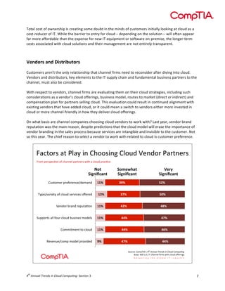  

Total	
  cost	
  of	
  ownership	
  is	
  creating	
  some	
  doubt	
  in	
  the	
  minds	
  of	
  customers	
  initially	
  looking	
  at	
  cloud	
  as	
  a	
  
cost-­‐reducer	
  of	
  IT.	
  While	
  the	
  barrier	
  to	
  entry	
  for	
  cloud	
  –	
  depending	
  on	
  the	
  solution	
  –	
  will	
  often	
  appear	
  
far	
  more	
  affordable	
  than	
  the	
  expense	
  for	
  new	
  IT	
  equipment	
  or	
  software	
  on-­‐premise,	
  the	
  longer-­‐term	
  
costs	
  associated	
  with	
  cloud	
  solutions	
  and	
  their	
  management	
  are	
  not	
  entirely	
  transparent.	
  	
  

	
  
	
  
Vendors	
  and	
  Distributors	
  
	
  
Customers	
  aren’t	
  the	
  only	
  relationship	
  that	
  channel	
  firms	
  need	
  to	
  reconsider	
  after	
  diving	
  into	
  cloud.	
  
Vendors	
  and	
  distributors,	
  key	
  elements	
  to	
  the	
  IT	
  supply	
  chain	
  and	
  fundamental	
  business	
  partners	
  to	
  the	
  
channel,	
  must	
  also	
  be	
  considered.	
  
	
  
With	
  respect	
  to	
  vendors,	
  channel	
  firms	
  are	
  evaluating	
  them	
  on	
  their	
  cloud	
  strategies,	
  including	
  such	
  
considerations	
  as	
  a	
  vendor’s	
  cloud	
  offerings,	
  business	
  model,	
  routes	
  to	
  market	
  (direct	
  or	
  indirect)	
  and	
  
compensation	
  plan	
  for	
  partners	
  selling	
  cloud.	
  This	
  evaluation	
  could	
  result	
  in	
  continued	
  alignment	
  with	
  
existing	
  vendors	
  that	
  have	
  added	
  cloud,	
  or	
  it	
  could	
  mean	
  a	
  switch	
  to	
  vendors	
  either	
  more	
  invested	
  in	
  
cloud	
  or	
  more	
  channel-­‐friendly	
  in	
  how	
  they	
  deliver	
  cloud	
  offerings.	
  	
  
	
  
On	
  what	
  basis	
  are	
  channel	
  companies	
  choosing	
  cloud	
  vendors	
  to	
  work	
  with?	
  Last	
  year,	
  vendor	
  brand	
  
reputation	
  was	
  the	
  main	
  reason,	
  despite	
  predictions	
  that	
  the	
  cloud	
  model	
  will	
  erase	
  the	
  importance	
  of	
  
vendor	
  branding	
  in	
  the	
  sales	
  process	
  because	
  services	
  are	
  intangible	
  and	
  invisible	
  to	
  the	
  customer.	
  Not	
  
so	
  this	
  year.	
  The	
  chief	
  reason	
  to	
  select	
  a	
  vendor	
  to	
  work	
  with	
  related	
  to	
  cloud	
  is	
  customer	
  preference.	
  	
  

!"#$%&'("$()*"+(,-(./%%',-0(.*%12(34-2%&()"&$-4&'
(
!&%8(94&'94#=64(%;(#/"--4*(9"&$-4&'(J,$/("(#*%12(9&"#=#4(

=98#
1234256748#

19:.;<78#
1234256748#

.1'$%84&(9&4;4&4-#47248"-2(

$$"#

>+9476"&,4$+(%;(#*%12('4&6,#4'(%?4&42(

$%"#

%'"#

34-2%&(<&"-2(&491$"=%-(

$$"#

&("#

&*"#

:199%&$'("**(;%1&(#*%12(<1',-4'(8%24*'(

$$"#

&&"#

&'"#

.%88,$84-$($%(#*%12(

$$"#

&&"#

&)"#

!"#

&'"#

&&"#

5464-147#%89(8%24*(9&%6,242(

%!"#

-./0#
1234256748#
+("#
+,"#

:%1@(.%89>ABC'(!"#$%&&'()$*+,&-.$/&$0)1'-$0123'4&5(
D"'4@(EFF(GH:H(A>(#/"--4*(I&8'(J,$/(#*%12(%?4&,-0'(

th

4 	
  Annual	
  Trends	
  in	
  Cloud	
  Computing:	
  Section	
  3	
  

7	
  

 