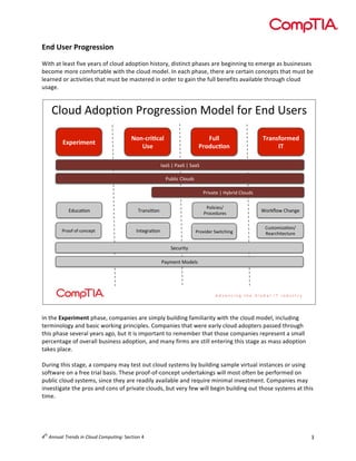  

End	
  User	
  Progression	
  
	
  
With	
  at	
  least	
  five	
  years	
  of	
  cloud	
  adoption	
  history,	
  distinct	
  phases	
  are	
  beginning	
  to	
  emerge	
  as	
  businesses	
  
become	
  more	
  comfortable	
  with	
  the	
  cloud	
  model.	
  In	
  each	
  phase,	
  there	
  are	
  certain	
  concepts	
  that	
  must	
  be	
  
learned	
  or	
  activities	
  that	
  must	
  be	
  mastered	
  in	
  order	
  to	
  gain	
  the	
  full	
  benefits	
  available	
  through	
  cloud	
  
usage.	
  
	
  

0123/$G/2F:26$&'2<'+44(26$72/+1$E2'$86/$H4+'4$
!"#$%&'$()*

+,(-.%&/.01*
23$*

4511*
6%,75./,(*

8%0(39,%'$7*
:8*

!""#$%$&""#$%$#""#$
&3.1(9$0123/4$
&'()"*+$%$,-.'(/$0123/4$
8/39":26$

;'"64(:26$

&21(9(+4C
&'29+/3'+4$

=2'>?2@$0A"6<+$

&'22E$2E$9269+F*$

!6*+<'":26$

&'2)(/+'$#@(*9A(6<$

034*25(B":26C$
D+"'9A(*+9*3'+$

#+93'(*-$
&"-5+6*$72/+14$

	
  
In	
  the	
  Experiment	
  phase,	
  companies	
  are	
  simply	
  building	
  familiarity	
  with	
  the	
  cloud	
  model,	
  including	
  
terminology	
  and	
  basic	
  working	
  principles.	
  Companies	
  that	
  were	
  early	
  cloud	
  adopters	
  passed	
  through	
  
this	
  phase	
  several	
  years	
  ago,	
  but	
  it	
  is	
  important	
  to	
  remember	
  that	
  those	
  companies	
  represent	
  a	
  small	
  
percentage	
  of	
  overall	
  business	
  adoption,	
  and	
  many	
  firms	
  are	
  still	
  entering	
  this	
  stage	
  as	
  mass	
  adoption	
  
takes	
  place.	
  
	
  
During	
  this	
  stage,	
  a	
  company	
  may	
  test	
  out	
  cloud	
  systems	
  by	
  building	
  sample	
  virtual	
  instances	
  or	
  using	
  
software	
  on	
  a	
  free	
  trial	
  basis.	
  These	
  proof-­‐of-­‐concept	
  undertakings	
  will	
  most	
  often	
  be	
  performed	
  on	
  
public	
  cloud	
  systems,	
  since	
  they	
  are	
  readily	
  available	
  and	
  require	
  minimal	
  investment.	
  Companies	
  may	
  
investigate	
  the	
  pros	
  and	
  cons	
  of	
  private	
  clouds,	
  but	
  very	
  few	
  will	
  begin	
  building	
  out	
  those	
  systems	
  at	
  this	
  
time.	
  
	
  

th

4 	
  Annual	
  Trends	
  in	
  Cloud	
  Computing:	
  Section	
  4	
  

3	
  

	
  

 