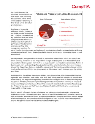  

the	
  cloud.	
  However,	
  the	
  
!"#$%$&'()*+(!,"%&+-,&'($*()(.#"-+(/*0$,"*1&*2(
discussion	
  around	
  security	
  has	
  
now	
  shifted	
  from	
  addressing	
  
basic	
  concerns	
  (which	
  drives	
  
!"#"$%&'%()'&*+",")-%
C*"?>%C@@*">>"@%B;%<&$6+;%
initial	
  adoption)	
  to	
  focusing	
  on	
  
!  9"+:*6-;%
finer	
  details	
  (which	
  drives	
  full	
  
D&@"*?-"%
%
production	
  use).	
  
!  <*&="*%>-&*?7"%&'%+&,=?);%@?-?%
	
  
%
Another	
  area	
  frequently	
  
120%
!  A>"%&'%,&B6$"%@"#6+">%
addressed	
  in	
  policy	
  changes	
  is	
  
./0%
the	
  proper	
  storage	
  of	
  company	
  
%
data.	
  CompTIA’s	
  studies	
  on	
  the	
  
!  9:==&*-%'&*%+$&:@%>"*#6+">%
!&4%
.30%
Big	
  Data	
  trend	
  show	
  that	
  many	
  
companies	
  feel	
  that	
  their	
  use	
  
!  C==*&#"@%#")@&*>%
5678%
of	
  data	
  is	
  less	
  than	
  optimal,	
  in	
  
3"-,%&4(."156789'(! ($%%&'()*+,%-.)/%)0(1&-)0123&4%5)'2-+:(
part	
  because	
  they	
  do	
  not	
  have	
  
;)'&4(<=<(%#"-+(&*+(-'&,'(2>)2(%>)*?&+(5"#$%:@5,"%&+-,&(
strong	
  overarching	
  data	
  
management	
  practices.	
  The	
  
use	
  of	
  cloud	
  systems	
  for	
  storage	
  and	
  backup	
  only	
  complicates	
  an	
  already	
  complex	
  situation,	
  and	
  many	
  
companies	
  may	
  benefit	
  from	
  a	
  data	
  audit	
  and	
  education	
  on	
  best	
  practices	
  in	
  managing	
  data	
  in	
  a	
  cloud	
  
environment.	
  
	
  
Security	
  and	
  data	
  management	
  are	
  examples	
  of	
  policies	
  that	
  are	
  broader	
  in	
  nature	
  and	
  apply	
  to	
  the	
  
entire	
  company.	
  These	
  may	
  be	
  less	
  frequent	
  than	
  changes	
  that	
  apply	
  only	
  to	
  an	
  IT	
  department,	
  but	
  
organization-­‐wide	
  changes	
  are	
  more	
  likely	
  to	
  be	
  truly	
  disruptive	
  and	
  may	
  be	
  more	
  necessary.	
  As	
  lines	
  of	
  
business	
  gain	
  more	
  understanding	
  of	
  cloud	
  solutions	
  and	
  the	
  potential	
  benefits,	
  there	
  is	
  an	
  increased	
  
chance	
  that	
  they	
  will	
  use	
  their	
  own	
  budget	
  for	
  procurement.	
  The	
  intent	
  may	
  not	
  be	
  malicious,	
  but	
  the	
  
result	
  can	
  be	
  detrimental	
  if	
  they	
  put	
  company	
  data	
  at	
  risk	
  or	
  cause	
  a	
  work	
  stoppage	
  when	
  the	
  solution	
  
goes	
  down.	
  	
  
	
  
Building	
  policies	
  that	
  address	
  these	
  issues	
  will	
  be	
  a	
  cross-­‐departmental	
  effort,	
  but	
  should	
  still	
  involve	
  
significant	
  input	
  from	
  the	
  IT	
  team.	
  The	
  IT	
  team	
  must	
  learn	
  how	
  to	
  meet	
  the	
  needs	
  of	
  the	
  business	
  with	
  
minimal	
  delay,	
  and	
  they	
  also	
  must	
  properly	
  understand	
  and	
  convey	
  the	
  need	
  to	
  maintain	
  a	
  company’s	
  
risk	
  posture.	
  The	
  best	
  policies	
  will	
  represent	
  an	
  agreement	
  at	
  all	
  levels	
  of	
  the	
  company	
  on	
  how	
  cloud	
  
resources	
  will	
  be	
  procured	
  and	
  used.	
  This	
  will	
  not	
  necessarily	
  mean	
  that	
  all	
  information	
  flows	
  through	
  
the	
  IT	
  team	
  for	
  approval,	
  but	
  the	
  IT	
  team	
  should	
  be	
  comfortable	
  with	
  their	
  level	
  of	
  awareness	
  and	
  
responsibility	
  in	
  the	
  process.	
  
	
  
Policies	
  are	
  only	
  effective	
  if	
  they	
  are	
  enforceable,	
  and	
  it	
  appears	
  that	
  companies	
  are	
  moving	
  more	
  
towards	
  that	
  model.	
  Compared	
  to	
  last	
  year,	
  there	
  is	
  an	
  even	
  higher	
  incidence	
  of	
  companies	
  claiming	
  a	
  
high	
  or	
  moderate	
  level	
  of	
  enforcement.	
  Many	
  companies	
  enforce	
  policy	
  by	
  performing	
  periodic	
  reviews	
  
to	
  ensure	
  compliance,	
  and	
  some	
  also	
  use	
  monitoring	
  tools	
  to	
  track	
  IT	
  activity	
  across	
  the	
  company	
  or	
  
require	
  the	
  approval	
  process	
  for	
  cloud	
  resources	
  to	
  come	
  through	
  IT.	
  
	
  
	
  
"#

	
  
	
  
th

4 	
  Annual	
  Trends	
  in	
  Cloud	
  Computing:	
  Section	
  4	
  

7	
  

 