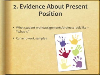 2. Evidence About Present
Position
 What student work/assignments/projects look like –
“what is”
 Current work samples
 