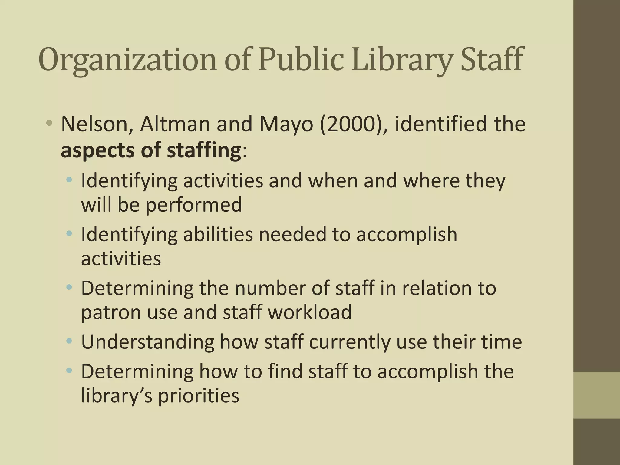 Organization of Public Library Staff 
• Nelson, Altman and Mayo (2000), identified the 
aspects of staffing: 
• Identifying activities and when and where they 
will be performed 
• Identifying abilities needed to accomplish 
activities 
• Determining the number of staff in relation to 
patron use and staff workload 
• Understanding how staff currently use their time 
• Determining how to find staff to accomplish the 
library’s priorities 
 