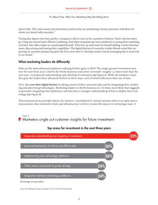 3
It’s About Time: Why Your Marketing May Be Falling Short
doesn’t bite. This saves money [on promotions] and ensures our positioning remains premium with those for
whom our brand really resonates.”
Timing also figures into how quickly a company is able to react to the customer’s behavior. Faster reaction times
go a long way toward more effective marketing. And when companies get more proficient in timing their marketing
activities, they often realize an unanticipated benefit: They free up more time for brand building, creative develop-
ment, data mining and honing their capabilities. The digital director of cosmetics retailer Rituals noted that im-
proving its customer prospecting gives the firm more time to “develop creative and ad messaging that is most true
to our brand.”
What marketing leaders do differently
How are the most advanced marketers realizing further gains in ROI? The single greatest investment area
over the next three years cited by the North American executives surveyed—roughly 1.3 times more than the
next area—is improved understanding and selecting of customers (see Figure 2). While all marketers share
this goal, the leaders have advanced furthest in three ways, each of which influences their use of time.
First, they own their digital destiny by taking control of their consumer data and by integrating their market-
ing and advertising technologies. Marketing leaders in North America are 1.6 times more likely than laggards
to prioritize integrating their platforms, and they have a stronger understanding of how to deploy their tech-
nology (see Figure 3).
Telecommunications provider Sprint, for instance, consolidated its owned customer data in an open-source
environment, then invested in tools and infrastructure to better connect the data to its technology stack. It
Source: Bain Marketers Survey, November 2017 (n=516 for North America)
Marketers single out customer insights for future investment
Figure 2
Percentage of respondents
Improved understanding and targeting of customers
Top areas for investment in the next three years
Improved attribution of online and offline sales
Implementing new technology platforms
Clear metrics and goals to guide strategy
Integration between technology platforms
33%
26%
24%
24%
26%
 