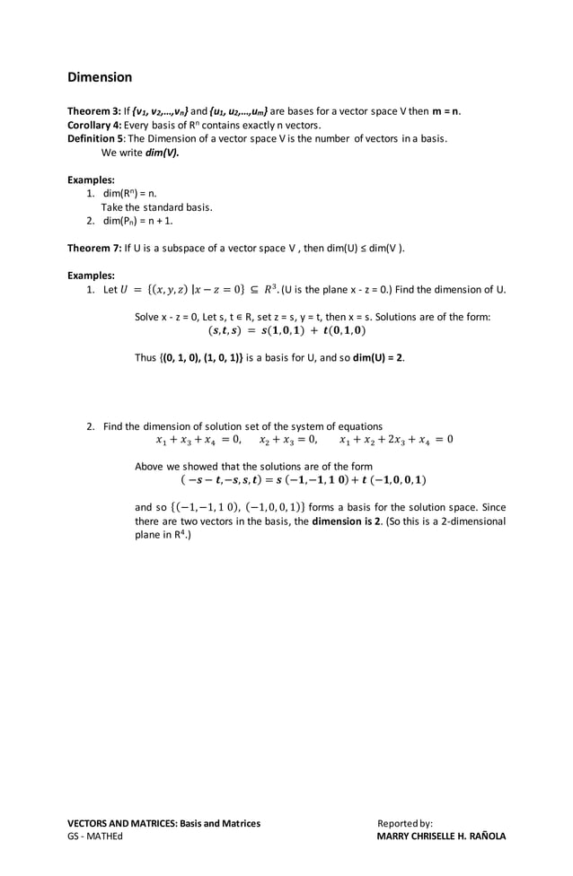 Vectors and Matrices: basis and dimension | DOCX