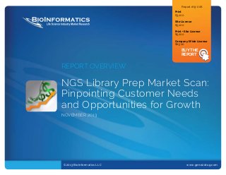Report #13-006
Print	
$3,200	
Site License	
$5,200	
Print + Site License
$5,200	
Company-Wide License
$6,500

BUY THE
REPORT

REPORT OVERVIEW

NGS Library Prep Market Scan:
Pinpointing Customer Needs
and Opportunities for Growth
November 2013

©2013 BioInformatics LLC			

www.gene2drug.com	

 