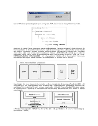 Look-and-Feel das janelas do pacote javax.swing. Este PLAF, é chamado de cross-plataform ou metal.
Hierarquia da classe JFrame, mostrando sua derivação da classe Frame do pacote AWT. Diferentemente de
Frame os objetos da classe Jframe tem alguma noção de como responder a ação de fechar janela imposta
pelo usuário. Por padrão a janela é escondida quando o usuário executa ação. O método que é executado
decorrente a ação pode ter seu valor mudado pelo método setDefaultCloseOperation() que recebe um
inteiro para indicar a ação padrão de fechamento da janela (DO_NOTHING_ON_CLOSE, HIDE_ON_CLOSE,
DISPOSE_ON_CLOSE, EXIT_ON_CLOSE – em exit_on_close o método exit da classe system é chamado,
enquanto que em dispose apenas a janela é fechada liberando os recursos que ela alocou).
Especificação das novas classes implementadas em Java, incorporadas à nova especificação do JSDK, está
visível na figura que o pacote swing herda do pacote awt, dispensando seus problemas e utilizando suas
qualidades. Uma verdadeira filtragem em suas propriedades (widgets). A especificação JFC tende a separar
os pacotes java2D e java3D e os mecanismos de drag-and-drop. Mas todos eles estão dentro da mesma
especificação.
A Relação entre os pacotes AWT e Swing das versões 1.1 e 1.2, quando deixou de ser uma biblioteca (.jar)
para integrar o pacote.
java.lang.Object
|
+--java.awt.Component
|
+--java.awt.Container
|
+--java.awt.Window
|
+--java.awt.Frame
|
+--javax.swing.JFrame
 
