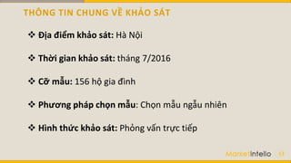 THÔNG TIN CHUNG VỀ KHẢO SÁT
43
 Địa điểm khảo sát: Hà Nội
 Thời gian khảo sát: tháng 7/2016
 Cỡ mẫu: 156 hộ gia đình
 Phương pháp chọn mẫu: Chọn mẫu ngẫu nhiên
 Hình thức khảo sát: Phỏng vấn trực tiếp
 