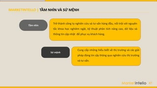 Sứ mệnh
Tầm nhìn
MARKETINTELLO | TẦM NHÌN VÀ SỨ MỆNH
Trở thành công ty nghiên cứu và tư vấn hàng đầu, nổi trội với nguyên
tắc khoa học nghiêm ngặt, kỹ thuật phân tích nâng cao, dữ liệu và
thông tin cập nhật để phục vụ khách hàng.
Cung cấp những hiểu biết về thị trường và các giải
pháp đáng tin cậy thông qua nghiên cứu thị trường
và tư vấn.
47
 