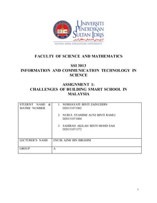 1
FACULTY OF SCIENCE AND MATHEMATICS
SSI 3013
INFORMATION AND COMMUNICATION TECHNOLOGY IN
SCIENCE
ASSIGNMENT 1:
CHALLENGES OF BUILDING SMART SCHOOL IN
MALAYSIA
STUDENT NAME &
MATRIC NUMBER
1. NORHAYATI BINTI ZAINUDDIN
D20151071002
2. NURUL SYAMIMI AUNI BINTI RAMLI
D20151071004
3. SAHIRAH AKILAH BINTI MOHD SAH
D20151071572
LECTURER’S NAME ENCIK AZMI BIN IBRAHIM
GROUP A
 