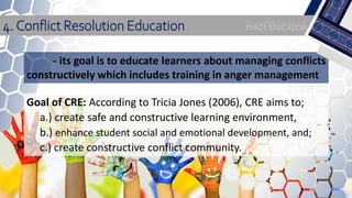 - its goal is to educate learners about managing conflicts
constructively which includes training in anger management
4. Conflict Resolution Education
Goal of CRE: According to Tricia Jones (2006), CRE aims to;
a.) create safe and constructive learning environment,
b.) enhance student social and emotional development, and;
c.) create constructive conflict community.
 