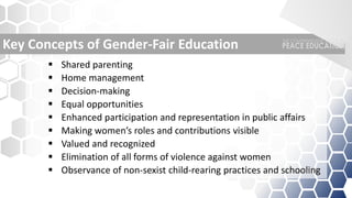  Shared parenting
 Home management
 Decision-making
 Equal opportunities
 Enhanced participation and representation in public affairs
 Making women’s roles and contributions visible
 Valued and recognized
 Elimination of all forms of violence against women
 Observance of non-sexist child-rearing practices and schooling
Key Concepts of Gender-Fair Education
 