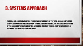 3. SYSTEMS APPROACH
• THIS WAS INFLUENCED BY SYSTEMS THEORY, WHERE THE PARTS OF THE TOTAL SCHOOL DISTRICT OR
SCHOOL ARE EXAMINED IN TERMS OF HOW THEY RELATE TO EACH OTHER. THE ORGANIZATIONAL CHART
OF THE SCHOOL REPRESENTS A SYSTEMS APPROACH. IT SHOWS THE LINE-STAFF RELATIONSHIPS OF
PERSONNEL AND HOW DECISIONS ARE MADE.
 