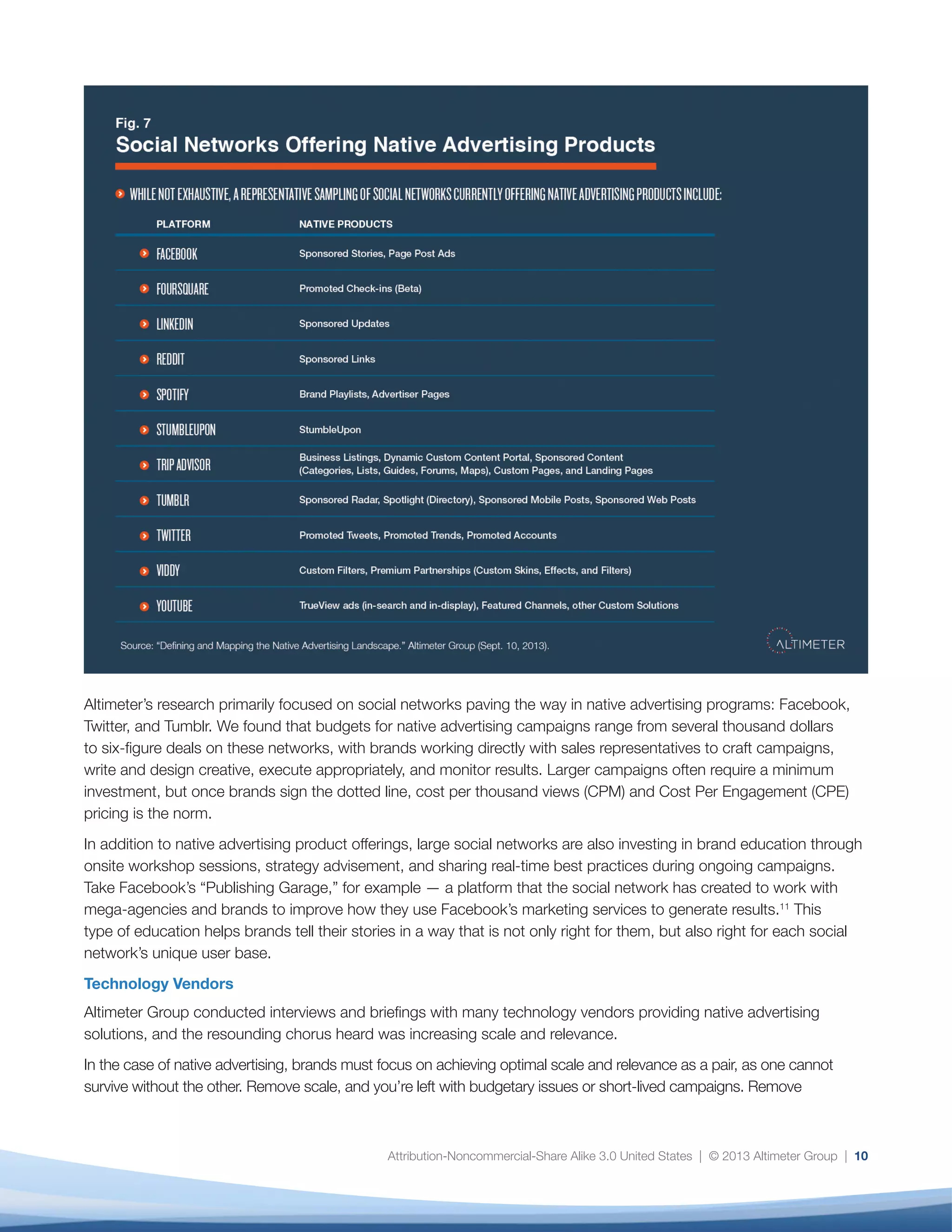Attribution-Noncommercial-Share Alike 3.0 United States | © 2013 Altimeter Group | 10
Altimeter’s research primarily focused on social networks paving the way in native advertising programs: Facebook,
Twitter, and Tumblr. We found that budgets for native advertising campaigns range from several thousand dollars
to six-figure deals on these networks, with brands working directly with sales representatives to craft campaigns,
write and design creative, execute appropriately, and monitor results. Larger campaigns often require a minimum
investment, but once brands sign the dotted line, cost per thousand views (CPM) and Cost Per Engagement (CPE)
pricing is the norm.
In addition to native advertising product offerings, large social networks are also investing in brand education through
onsite workshop sessions, strategy advisement, and sharing real-time best practices during ongoing campaigns.
Take Facebook’s “Publishing Garage,” for example — a platform that the social network has created to work with
mega-agencies and brands to improve how they use Facebook’s marketing services to generate results.11
This
type of education helps brands tell their stories in a way that is not only right for them, but also right for each social
network’s unique user base.
Technology Vendors
Altimeter Group conducted interviews and briefings with many technology vendors providing native advertising
solutions, and the resounding chorus heard was increasing scale and relevance.
In the case of native advertising, brands must focus on achieving optimal scale and relevance as a pair, as one cannot
survive without the other. Remove scale, and you’re left with budgetary issues or short-lived campaigns. Remove
 