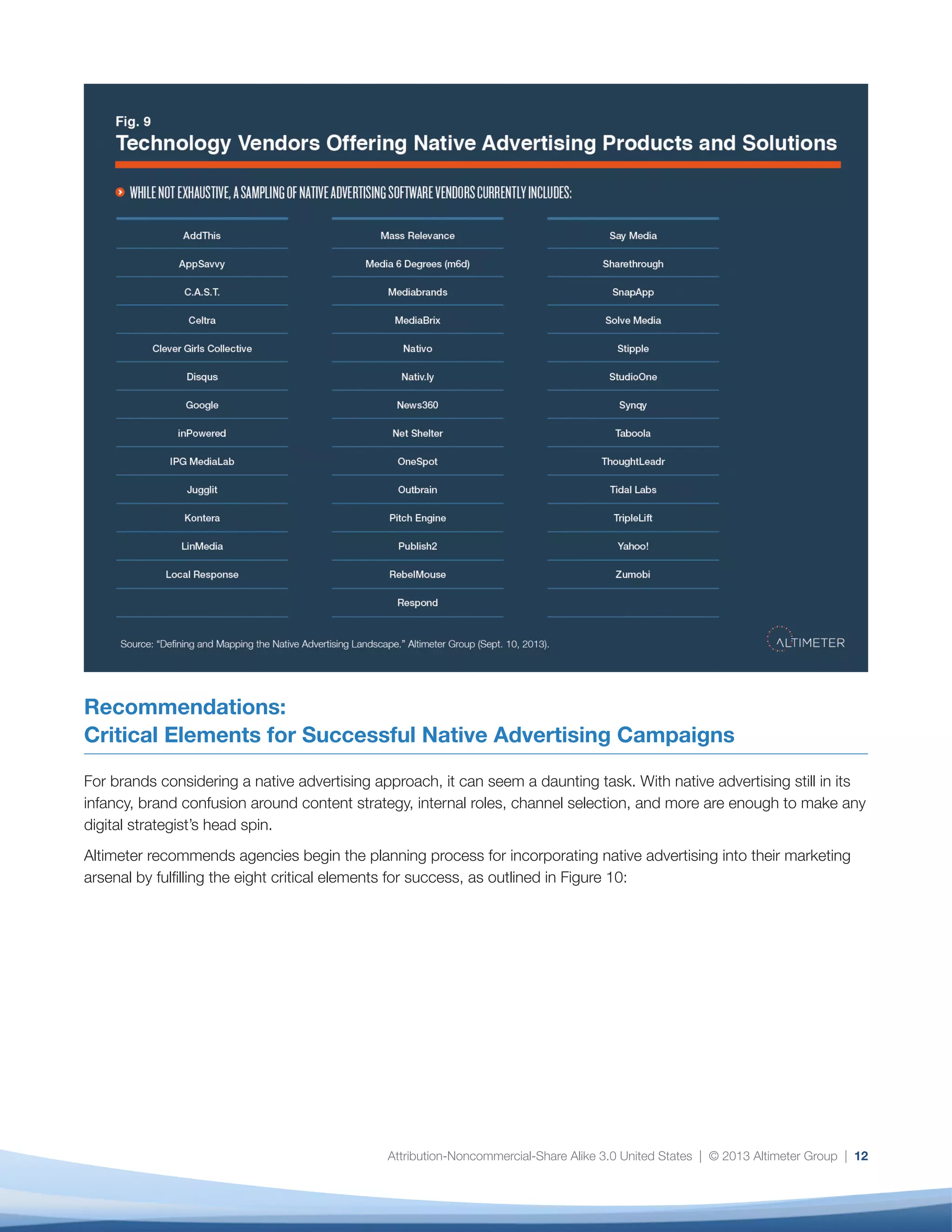 Attribution-Noncommercial-Share Alike 3.0 United States | © 2013 Altimeter Group | 12
Recommendations:
Critical Elements for Successful Native Advertising Campaigns
For brands considering a native advertising approach, it can seem a daunting task. With native advertising still in its
infancy, brand confusion around content strategy, internal roles, channel selection, and more are enough to make any
digital strategist’s head spin.
Altimeter recommends agencies begin the planning process for incorporating native advertising into their marketing
arsenal by fulfilling the eight critical elements for success, as outlined in Figure 10:
 