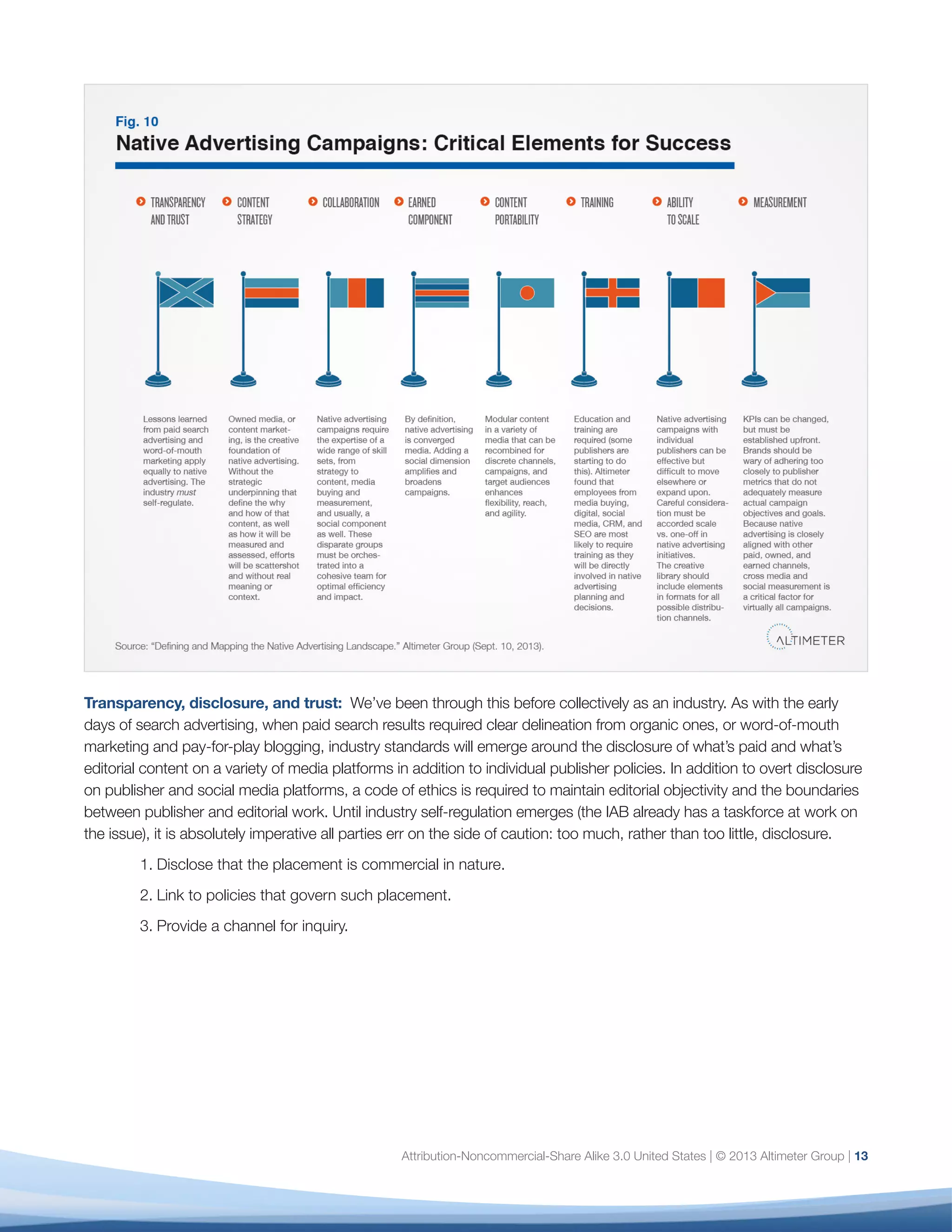 Attribution-Noncommercial-Share Alike 3.0 United States | © 2013 Altimeter Group | 13
Transparency, disclosure, and trust: We’ve been through this before collectively as an industry. As with the early
days of search advertising, when paid search results required clear delineation from organic ones, or word-of-mouth
marketing and pay-for-play blogging, industry standards will emerge around the disclosure of what’s paid and what’s
editorial content on a variety of media platforms in addition to individual publisher policies. In addition to overt disclosure
on publisher and social media platforms, a code of ethics is required to maintain editorial objectivity and the boundaries
between publisher and editorial work. Until industry self-regulation emerges (the IAB already has a taskforce at work on
the issue), it is absolutely imperative all parties err on the side of caution: too much, rather than too little, disclosure.
1.	Disclose that the placement is commercial in nature.
2.	Link to policies that govern such placement.
3.	Provide a channel for inquiry.
 