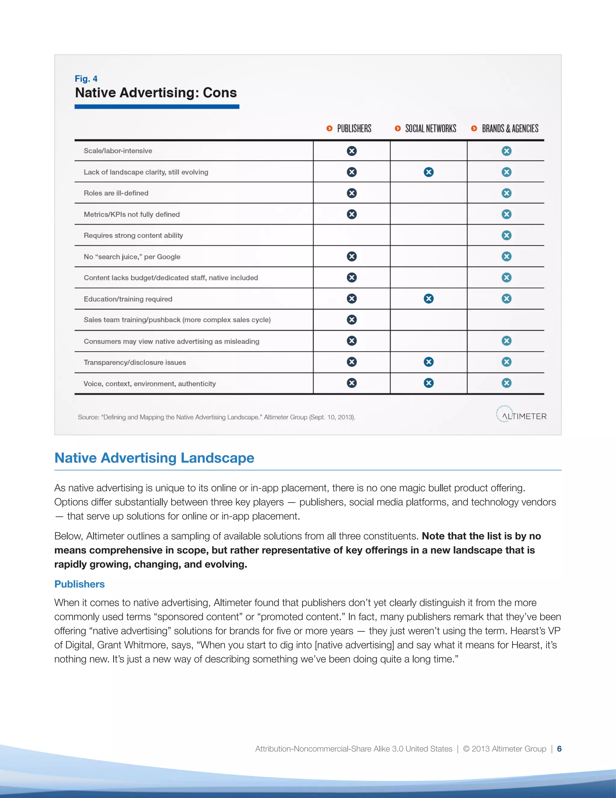 Attribution-Noncommercial-Share Alike 3.0 United States | © 2013 Altimeter Group | 6
Native Advertising Landscape
As native advertising is unique to its online or in-app placement, there is no one magic bullet product offering.
Options differ substantially between three key players — publishers, social media platforms, and technology vendors
— that serve up solutions for online or in-app placement.
Below, Altimeter outlines a sampling of available solutions from all three constituents. Note that the list is by no
means comprehensive in scope, but rather representative of key offerings in a new landscape that is
rapidly growing, changing, and evolving.
Publishers
When it comes to native advertising, Altimeter found that publishers don’t yet clearly distinguish it from the more
commonly used terms “sponsored content” or “promoted content.” In fact, many publishers remark that they’ve been
offering “native advertising” solutions for brands for five or more years — they just weren’t using the term. Hearst’s VP
of Digital, Grant Whitmore, says, “When you start to dig into [native advertising] and say what it means for Hearst, it’s
nothing new. It’s just a new way of describing something we’ve been doing quite a long time.”
 