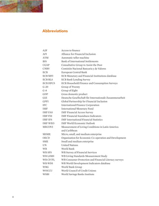 ii 
Abbreviations 
A2F Access to finance 
AFI Alliance for Financial Inclusion 
ATM Automatic teller machine 
BIS Bank of International Settlements 
CGAP Consultative Group to Assist the Poor 
CNBV Comisión Nacional Bancaria y de Valores 
ECB European Central Bank 
ECB MFI ECB Monetary and Financial Institutions database 
ECB BLS ECB Bank Lending Survey 
ECB HFCS ECB Household Finance and Consumption Surveys 
G-20 Group of Twenty 
G-8 Group of Eight 
GDP Gross domestic product 
GIZ Deutsche Gesellschaft für Internationale Zusammenarbeit 
GPFI Global Partnership for Financial Inclusion 
IFC International Finance Corporation 
IMF International Monetary Fund 
IMF FAS IMF Financial Access Survey 
IMF FSI IMF Financial Soundness Indicators 
IMF IFS IMF International Financial Statistics 
IMF WEO IMF World Economic Outlook 
MECOVI Measurement of Living Conditions in Latin America 
and Caribbean 
MSME Micro, small, and medium enterprise 
OECD Organisation for Economic Co-operation and Development 
SME Small and medium enterprise 
UN United Nations 
WB World Bank 
WB SFS WB Survey of Financial Services 
WB LSMS WB Living Standards Measurement Study 
WB CP/FL WB Consumer Protection and Financial Literacy surveys 
WB WDI WB World Development Indicators database 
WBG World Bank Group 
WOCCU World Council of Credit Unions 
WSBI World Savings Banks Institute 
 
