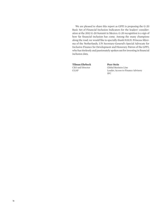 iv 
We are pleased to share this report as GPFI is proposing the G-20 
Basic Set of Financial Inclusion Indicators for the leaders’ consider-ation 
at the 2012 G-20 Summit in Mexico. G-20 recognition is a sign of 
how far financial inclusion has come. Among the many champions 
along the road, we would like to specially thank H.R.H. Princess Máxi-ma 
of the Netherlands, UN Secretary-General’s Special Advocate for 
Inclusive Finance for Development and Honorary Patron of the GPFI, 
who has tirelessly and passionately spoken out for investing in financial 
inclusion data. 
Tilman Ehrbeck Peer Stein 
CEO and Director Global Business Line 
CGAP Leader, Access to Finance Advisory 
IFC 
 