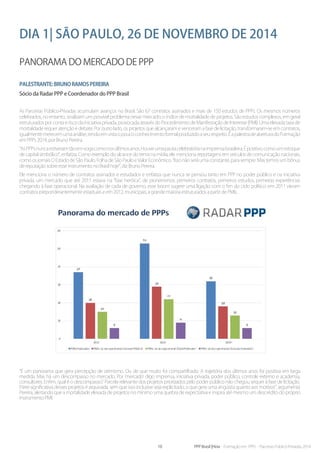 10 PPP Brasil |Hiria - Formação em PPPs - Parcerias Público-Privadas 2014
Dia 1| São Paulo, 26 de novembro de 2014
Panorama do mercado de PPP
Palestrante:BrunoRamosPereira
Sócio da Radar PPP e Coordenador do PPP Brasil
As Parcerias Público-Privadas acumulam avanços no Brasil. São 67 contratos assinados e mais de 150 estudos de PPPs. Os mesmos números
celebrados, no entanto, sinalizam um possível problema nesse mercado: o índice de mortalidade de projetos. São estudos complexos, em geral
estruturados por conta e risco da iniciativa privada, provocada através do Procedimento de Manifestação de Interesse (PMI). Uma elevada taxa de
mortalidade requer atenção e debate. Por outro lado, os projetos que alcançaram e venceram a fase de licitação, transformaram-se em contratos,
igualmentemerecemumaanálise,tendoemvistaopoucoconhecimentoformalproduzidoaseurespeito.ÉapalestradeaberturadoFormação
em PPPs 2014, por Bruno Pereira.
“AsPPPsnuncaestiveramtãoemvogacomonosúltimosanos.Houveumapautacelebratórianaimprensabrasileira.Épositivo,comoumestoque
de capital simbólico”, enfatiza. Como exemplo do alcance do tema na mídia, ele menciona reportagens em veículos de comunicação nacionais,
como os jornais O Estado de São Paulo, Folha de São Paulo e Valor Econômico. “Isso não será uma constante, para sempre. Mas temos um bônus
de reputação sobre esse instrumento no Brasil hoje”, diz Bruno Pereira.
Ele menciona o número de contratos assinados e estudados e enfatiza que nunca se pensou tanto em PPP no poder público e na iniciativa
privada, um mercado que até 2011 estava na “fase heróica”, de pioneirismos: primeiros contratos, primeiros estudos, primeiras experiências
chegando à fase operacional. Na avaliação de cada de governo, esse boom sugere uma ligação com o fim do ciclo político: em 2011 vieram
contratos preponderantemente estaduais e em 2012, municipais, a grande maioria estruturados a partir de PMIs.
“É um panorama que gera percepção de otimismo. Ou de que muito foi compartilhado. A trajetória dos últimos anos foi positiva em larga
medida. Mas há um descompasso no mercado. Por ‘mercado’ digo imprensa, iniciativa privada, poder público, controle externo e academia,
consultores. Enfim, qual é o descompasso? Parcela relevante dos projetos priorizados pelo poder público não chegou sequer à fase de licitação.
Parte significativa desses projetos é arquivada, sem que isso inclusive seja explicitado, o que gera uma angústia quanto aos motivos”, argumenta
Pereira, alertando que a mortalidade elevada de projetos no mínimo uma quebra de expectativa e inspira até mesmo um descrédito do próprio
instrumento PMI.
 