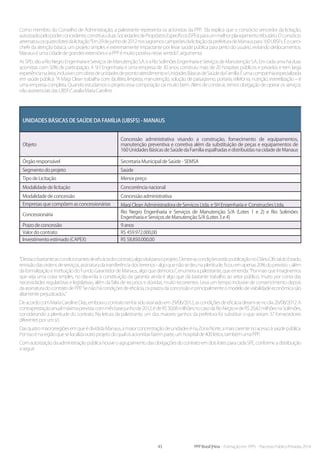 43 PPP Brasil |Hiria - Formação em PPPs - Parcerias Público-Privadas 2014
Como membro do Conselho de Administração, a palestrante representa os acionistas da PPP. Ela explica que o consórcio vencedor da licitação,
autorizadopelopoderconcedente,constituiuduasSociedadesdePropósitosEspecíficos(SPEs)paraummelhorplanejamentotributário.Oconsórcio
arrematouosquatrolotesdalicitação“Em29dejunhode2012nossagramoscampeõesdalicitaçãodaprefeituradeManauspara160UBSFs.Éocarro-
chefe da atenção básica, um projeto simples e extremamente impactante por levar saúde pública para perto do usuário, evitando deslocamentos.
ManauséumacidadedegrandesextensõeseaPPPémuitopositivanessesentido”,argumenta.
AsSPEssãoaRioNegroEngenhariaeServiçosdeManutençãoS.A.eaRioSolimõesEngenhariaeServiçosdeManutençãoS.A..Emcadaumaháduas
acionistas com 50% de participação. A SH Engenharia é uma empresa de 30 anos, construiu mais de 20 hospitais públicos e privados e tem larga
experiêncianaárea,inclusivecomobrasdeunidadesdeprontoatendimentoeUnidadesBásicasdeSaúdedaFamília.Éumacompanhiaespecializada
em saúde pública. “A Magi Clean trabalha com facilities, limpeza, manutenção, solução de paisagismo, portaria, telefonia, nutrição, esterelização – é
uma empresa completa. Quando estudamos o projeto essa composição cai muito bem. Além de construir, temos obrigação de operar os serviços
nãoassistenciaisdasUBSFs”,avaliaMariaCaroline.
Unidades Básicas de Saúde da Família (UBSFs) - Manaus
Objeto
Concessão administrativa visando a construção, fornecimento de equipamentos,
manutenção preventiva e corretiva além da substituição de peças e equipamentos de
160UnidadesBásicasdeSaúdedaFamíliaespalhadasedistribuídasnacidadedeManaus
Órgão responsável Secretaria Municipal de Saúde - SEMSA
Segmento do projeto Saúde
Tipo de Licitação Menor preço
Modalidade de licitação Concorrência nacional
Modalidade de concessão Concessão administrativa
Empresas que compõem as concessionárias Magi Clean Administradora de Serviços Ltda. e SH Engenharia e Construções Ltda.
Concessionária
Rio Negro Engenharia e Serviços de Manutenção S/A (Lotes 1 e 2) e Rio Solimões
Engenharia e Serviços de Manutenção S/A (Lotes 3 e 4)
Prazo de concessão 9 anos
Valor do contrato R$ 459.972.000,00
Investimento estimado (CAPEX) R$ 58.850.000,00
“Destacobastanteascondicionantesdeeficáciadocontrato,algovitalparaoprojeto.DentreascondiçõesestãopublicaçãonoDiárioOficialdoEstado,
emissãodasordensdeserviços,assinaturadatransferênciadosterrenos-algoquenãosedeunaplenitude,ficouemapenas20%doprevisto-,além
da formalização e instituição do Fundo Garantidor de Manaus, algo que demorou”, enumera a palestrante, que emenda: “Por mais que imaginemos
que seja uma coisa simples, no dia-a-dia a constituição da garantia ainda é algo que dá bastante trabalho ao setor público, muito por conta das
necessidades regulatórias e legislativas, além da falta de recursos e dúvidas, muito recorrentes. Leva um tempo inclusive de convencimento depois
daassinaturadocontratodePPP.Senãohácondiçõesdeeficácia,osprazosdaconcessãoeprincipalmenteomodelodeviabilidadeeconômicasão
altamenteprejudicados.”
DeacordocomMariaCarolineDias,emboraocontratotenhasidoassinadoem29/06/2012,ascondiçõesdeeficáciaderam-senodia20/08/2012.A
contraprestaçãoanualmáximaprevista,commêsbasejunhode2012,édeR$30,68milhõesnocasodaRioNegroedeR$20,42milhõesnaSolimões,
considerando a plenitude do contrato. Na leitura da palestrante, um dos maiores ganhos da prefeitura foi substituir o que seriam 37 fornecedores
diferentesporumsó.
DasquatromacrorregiõesemqueédivididaManaus,amaiorconcentraçãodeunidadesénaZonaNorte,amaiscarentenoacessoàsaúdepública.
Porissoénaregiãoqueselocalizaoutroprojetodoqualosacionistasfazemparte,umhospitalde400leitos,tambémumaPPP.
Com autorização da administração pública houve o agrupamento das obrigações do contrato em dois lotes para cada SPE, conforme a distribuição
aseguir:
 