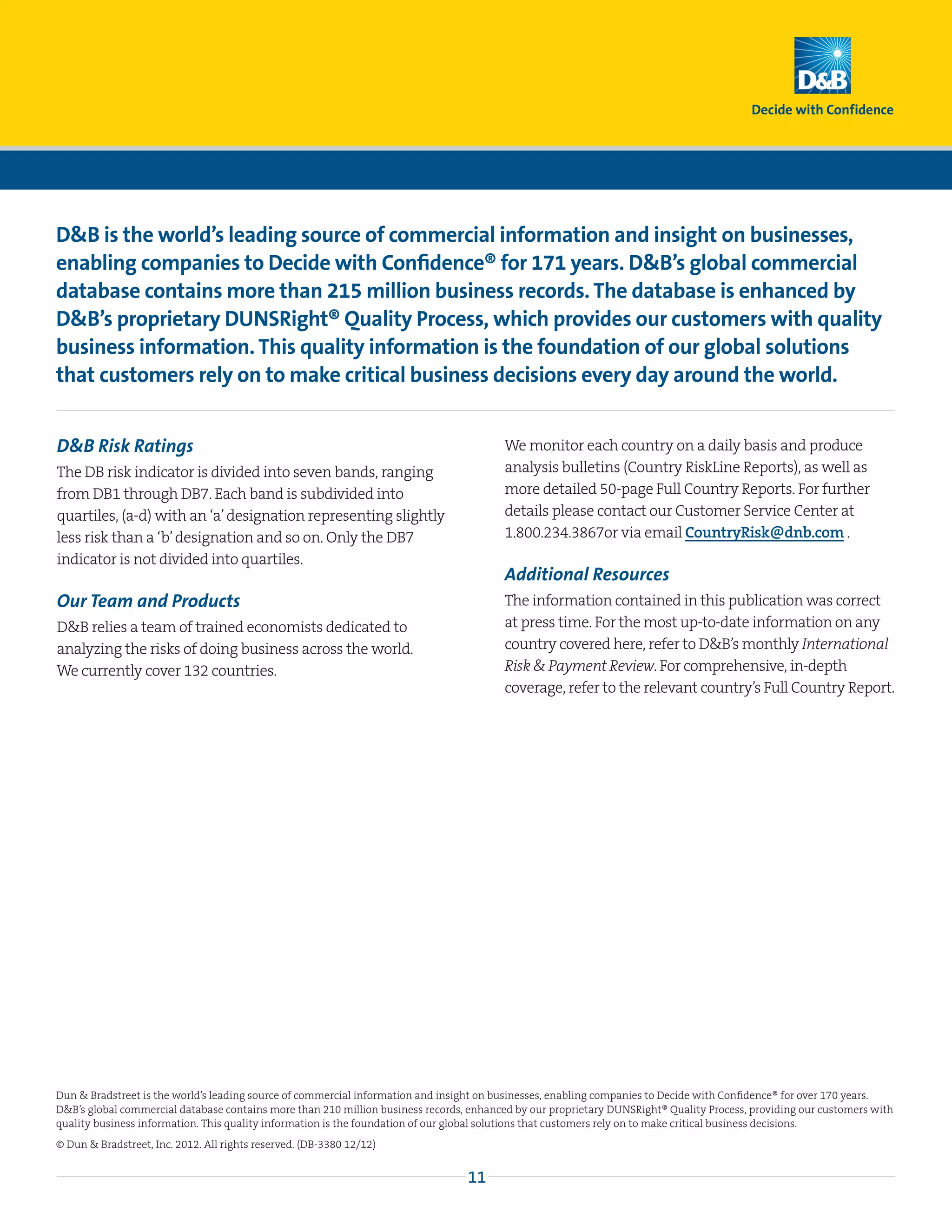 DB is the world’s leading source of commercial information and insight on businesses,
enabling companies to Decide with Confidence® for 171 years. DB’s global commercial
database contains more than 215 million business records. The database is enhanced by
DB’s proprietary DUNSRight® Quality Process, which provides our customers with quality
business information. This quality information is the foundation of our global solutions
that customers rely on to make critical business decisions every day around the world.


DB Risk Ratings                                                                        We monitor each country on a daily basis and produce
The DB risk indicator is divided into seven bands, ranging                              analysis bulletins (Country RiskLine Reports), as well as
from DB1 through DB7. Each band is subdivided into                                      more detailed 50-page Full Country Reports. For further
quartiles, (a-d) with an ‘a’ designation representing slightly                          details please contact our Customer Service Center at
less risk than a ‘b’ designation and so on. Only the DB7                                1.800.234.3867or via email CountryRisk@dnb.com .
indicator is not divided into quartiles.
                                                                                        Additional Resources
Our Team and Products                                                                   The information contained in this publication was correct
DB relies a team of trained economists dedicated to                                    at press time. For the most up-to-date information on any
analyzing the risks of doing business across the world.                                 country covered here, refer to DB’s monthly International
We currently cover 132 countries.                                                       Risk  Payment Review. For comprehensive, in-depth
                                                                                        coverage, refer to the relevant country’s Full Country Report.




Dun  Bradstreet is the world’s leading source of commercial information and insight on businesses, enabling companies to Decide with Confidence® for over 170 years.
DB’s global commercial database contains more than 210 million business records, enhanced by our proprietary DUNSRight® Quality Process, providing our customers with
quality business information. This quality information is the foundation of our global solutions that customers rely on to make critical business decisions.
© Dun  Bradstreet, Inc. 2012. All rights reserved. (DB-3380 12/12)


                                                                                 11
 