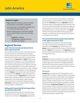 Latin America

                                                                 will serve until 2019 unless health problems (unspecified
  Regional Insights                                              cancer) intervene; at present there is no clear succession
  •  egional growth slowed as export demand
    R                                                            plan for the Venezuela presidency. Argentina President
    and domestic consumption moderated.                          Cristina Kirchner’s increasingly protectionist policies could
                                                                 not prevent public protests against rising prices, wage cuts,
  •  urrencies rose as quantitative easing in the
    C
                                                                 and speculation surrounding a constitutional reform that
    US created arbitrage opportunities.
                                                                 would allow Kirchner to run for a third term. And Brazil
  •  arious capital account restrictions helped
    V                                                            President Dilma Rousseff suffered declining popularity
    to stem capital flight and conserve foreign                  owing to a corruption trial (and subsequent conviction) of
    reserves.                                                    a senior government official.
  	       – Upgrades: Uruguay
  	       –  owngrades: Argentina (thrice),
            D                                                    The commercial environment for key economies
            Trinidad, and Tobago                                 in the region worsened in 2012
                                                                 The World Bank’s Doing Business 2013 report revealed
                                                                 that regional economies are varyingly open to foreign
Regional Review                                                  investment. While Panama (up one place to 61) and
Lower internal and external demand led to                        Mexico (up five places to 48) were more accommodating to
lower regional growth                                            investors, Brazil (down 2 places to 130), Argentina (down 8
Latin American growth declined as trade with internal            places to 124) and Venezuela (down one place to 180) were
and external partners moderated due to low global                less supportive in 2012.
growth. Several economies mirrored this trend through
                                                                 Upgrades
lower domestic private consumption. In response, key
economies such as Argentina and Brazil implemented               Uruguay’s risk rating increased by one quartile to DB3b
trade protectionist measures in an effort to shield local        in September on the back of improved growth prospects,
manufacturers. Quantitative easing adopted by the US             rising foreign direct investment, and improved portfolio
also resulted in growing pressures on regional currencies,       investment in the first three quarters of 2012. As such, its
prompting varying degrees of central bank intervention.          foreign currency position improvement resulted in strong
While regional growth stood lower than in 2011, individual       import cover and lower payment risks.
economies experienced a divergence of real GDP growth.
                                                                 Downgrades
In 2012, Uruguay is expected to record real GDP growth
of 4.5 percent, while Brazil’s economy will expand by a          Argentina’s risk rating was thrice downgraded: by two
more modest 1.9 percent. Argentina’s attractiveness to           quartiles DB5d in March; in May by a further two quartiles;
foreign investors declined further on account of higher          and finally by one notch in July to DB6c. The downgrades
expropriation risks, rising inflation, tighter foreign           came largely due to the imposition of import controls. In
currency restrictions and greater trade protectionism.           addition, foreign companies grew more concerned about
Venezuela faced foreign exchange liquidity challenges            rising restrictions that would affect repatriation of profits
amid speculation of devaluation.                                 and dividends. Trinidad and Tobago’s risk rating declined
                                                                 by one quartile to DB3b in February mainly on account of
Ruling parties’ generally left leaning positions                 weaker economic growth. Private consumption remained
were further entrenched                                          flat and business credit growth was anemic. Furthermore,
The traditionally liberal tendencies of Latin American           fragile economic growth among regional trade partners led
ruling parties were further entrenched in 2012. Hugo             to generally weak intra-regional trade.
Chavez won a third term as Venezuela’s president and

                                                             5
 
