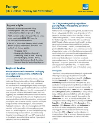 Europe
(EU + Iceland, Norway and Switzerland)



                                                                     The ECB’s focus has partially shifted from
  Regional Insights                                                  fighting inflation to supporting growth and
  • 
    Domestic austerity measures, rising                              financial stability
    unemployment rates, and slowing                                  With a view to boosting economic growth, the ECB lowered
    external demand dented growth in 2012.                           the key policy rate in July 2012 to an all time low of 0.75
  •  ith payment and credit risk on the rise across
    W                                                                percent to stimulate growth rather than fight inflation.
    most countries in 2012, DB expects                              The Bank also provided €1 trillion in long-term financing
    an increase in business failures.                                for the banking sector in December 2011 and February
                                                                     2012. The cash infusion increased bank liquidity in ailing
  •  he risk of a Eurozone break-up is still limited,
    T                                                                periphery economies and stemmed further problems
    thanks to policy intervention. However, this                     in the financial sector. That said, ultra low interest rates,
    outlook can change quickly.                                      predicted ECB bond purchases, and a potential new round
  	        – Upgrades: None                                          of quantitative easing in the US and other countries could
  	        –  owngrades: Belgium, Denmark,
             D                                                       create uncertain EU price stability, exchange rate volatility,
             Luxemburg, Spain, France, Germany                       and asset bubbles. Meanwhile, protracted turmoil
             (twice), Hungary, Slovenia (twice),                     in Greece and other Eurozone economies has placed
             Greece, Netherlands, Czech Republic,                    downward pressure on the euro: the currency depreciated
             Romania, Austria, Switzerland, Cyprus.                  by around 10.7 percent against the US dollar between
                                                                     January 2010 and September 2012. The euro is further
                                                                     expected to remain relatively weak in the outlook period.
Regional Review
                                                                     Downgrades
Macroeconomic conditions remain challenging
amid weak domestic demand and softening                              The crisis in Europe was underscored by the high number
external demand                                                      of downgrades throughout 2012. In January, DB
Lower contributions from net external demand, weak                   downgraded the risk ratings by one quartile of Belgium
business and consumer confidence (dampened by rising                 (to DB2d), Denmark (to DB2c), and Spain (to DB4d).
unemployment rates and restrictive credit conditions),               Luxemburg received a two-notch downgrade (to DB2c)
and draconian fiscal austerity weighed heavily on Europe’s           due to disappointing economic performance. In February,
economic growth throughout 2012. Despite a mild real GDP             worsening short-term economic prospects prompted a
expansion in Q3 (up 0.1 percent from the previous quarter),          one-quartile downgrade for France (to DB2b), Germany (to
most economic indicators deteriorated toward year’s end,             DB1d), Hungary (to DB4d), and Slovenia (to DB2d). In June,
suggesting that current macroeconomic conditions remain              rising political risks prompted a two-notch downgrade
incapable of boosting domestic demand. Despite economic              in Greece to DB5c and a one-quartile downgrade to the
weakness, inflation persisted throughout the year, propped           Netherlands (to DB2b). In the July-October period, DB
up by higher taxes in several member countries and higher            downgraded the risk rating of six countries (namely Czech
energy and other commodities prices, particularly food.              Republic to DB3c, Germany to DB2a, Romania to DB4c,
Particularly worrisome is the rise in unemployment. With             Austria to DB2b, Slovenia to DB3a, and Switzerland to
corporate profits squeezed, the EU unemployment rate                 DB2a) on the back of disappointing economic trends
soared to a record 10.6 percent as firms shed jobs (especially       and sluggish domestic and external demand. Finally,
in manufacturing, financial services, and construction).             in November, DB cut Cyprus’ country risk rating by
No upturn was anticipated in Q4, and GDP was projected               three notches to DB4c as persistent downbeat economic
to shrink by 0.8 percent for 2012 as a whole. Payment and            developments overshadowed the island’s short-term
credit risks continue to deteriorate.                                outlook.

                                                                 6
 