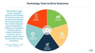 Technology Tools to Drive Outcomes
data
technology
“We wanted a single
source, integrated
system for that allowed
for real time capture of
acuity but also allowed
for nursing judgement.
Our solution integrates
time and attendance,
staffing and scheduling,
and acuity-based
patient classification
solutions, with an
analytics solution that is
the glue that connects
everything.”
Chief Financial Officer at health
system in the Midwest
 