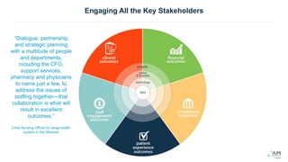 Engaging All the Key Stakeholders
people
data
policy
& process
technology
“Dialogue, partnership,
and strategic planning
with a multitude of people
and departments,
including the CFO,
support services,
pharmacy and physicians
to name just a few, to
address the issues of
staffing together—that
collaboration is what will
result in excellent
outcomes.”
Chief Nursing Officer for large health
system in the Midwest
 
