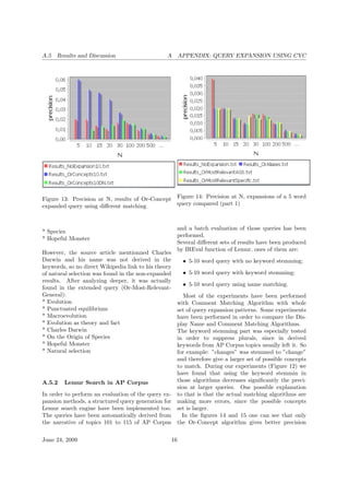 A.5 Results and Discussion A APPENDIX: QUERY EXPANSION USING CYC
Figure 13: Precision at N, results of Or-Concept
expanded query using diﬀerent matching
* Species
* Hopeful Monster
However, the source article mentionned Charles
Darwin and his name was not derived in the
keywords, so no direct Wikipedia link to his theory
of natural selection was found in the non-expanded
results. After analyzing deeper, it was actually
found in the extended query (Or-Most-Relevant-
General):
* Evolution
* Punctuated equilibrium
* Macroevolution
* Evolution as theory and fact
* Charles Darwin
* On the Origin of Species
* Hopeful Monster
* Natural selection
A.5.2 Lemur Search in AP Corpus
In order to perform an evaluation of the query ex-
pansion methods, a structured query generation for
Lemur search engine have been implemented too.
The queries have been automatically derived from
the narrative of topics 101 to 115 of AP Corpus
Figure 14: Precision at N, expansions of a 5 word
query compared (part 1)
and a batch evaluation of those queries has been
performed.
Several diﬀerent sets of results have been produced
by IREval function of Lemur, ones of them are:
• 5-10 word query with no keyword stemming;
• 5-10 word query with keyword stemming;
• 5-10 word query using name matching.
Most of the experiments have been performed
with Comment Matching Algorithm with whole
set of query expansion patterns. Some experiments
have been performed in order to compare the Dis-
play Name and Comment Matching Algorithms.
The keyword stemming part was especially tested
in order to suppress plurals, since in derived
keywords from AP Corpus topics usually left it. So
for example: ”changes” was stemmed to ”change”
and therefore give a larger set of possible concepts
to match. During our experiments (Figure 12) we
have found that using the keyword stemmin in
those algorithms decreases signiﬁcantly the preci-
sion at larger queries. One possible explanation
to that is that the actual matching algorithms are
making more errors, since the possible concepts
set is larger.
In the ﬁgures 14 and 15 one can see that only
the Or-Concept algorithm gives better precision
June 24, 2009 16
 