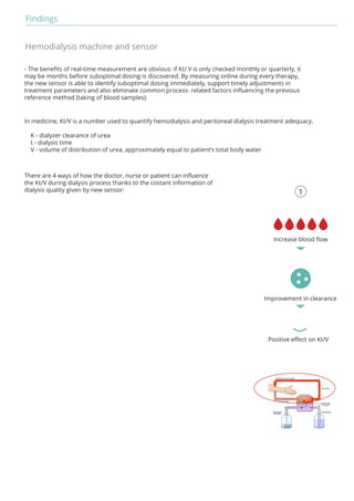 Findings 
Hemodialysis machine and sensor 
- The benefits of real-time measurement are obvious: if Kt/ V is only checked monthly or quarterly, it 
may be months before suboptimal dosing is discovered. By measuring online during every therapy, 
the new sensor is able to identify suboptimal dosing immediately, support timely adjustments in 
treatment parameters and also eliminate common process- related factors influencing the previous 
reference method (taking of blood samples). 
In medicine, Kt/V is a number used to quantify hemodialysis and peritoneal dialysis treatment adequacy. 
K - dialyzer clearance of urea 
t - dialysis time 
V - volume of distribution of urea, approximately equal to patient’s total body water 
Increase blood flow 
Improvement in clearance 
Positive effect on Kt/V 
There are 4 ways of how the doctor, nurse or patient can influence 
the Kt/V during dialysis process thanks to the costant information of 
dialysis quality given by new sensor: 
 