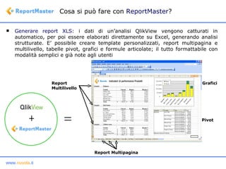 Generare report XLS:  i dati di un’analisi QlikView vengono catturati in automatico, per poi essere elaborati direttamente su Excel, generando analisi strutturate. E’ possibile creare template personalizzati, report multipagina e multilivello, tabelle pivot, grafici e formule articolate; il tutto formattabile con modalità semplici e già note agli utenti Cosa si può fare con  ReportMaster ? Report  Multilivello Grafici Pivot Report Multipagina 