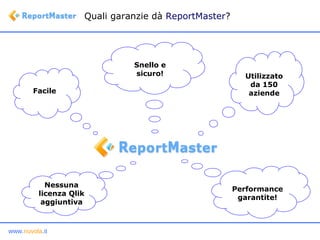 Quali garanzie dà  ReportMaster ? Utilizzato da 150 aziende Facile Snello e sicuro! Nessuna licenza Qlik aggiuntiva Performance garantite! 