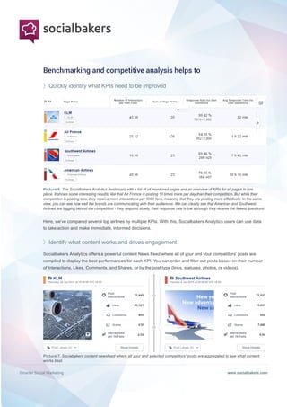 Smarter Social Marketing www.socialbakers.com
Benchmarking and competitive analysis helps to
Quickly identify what KPIs need to be improved
Identify what content works and drives engagement
Picture 6. The Socialbakers Analytics dashboard with a list of all monitored pages and an overview of KPIs for all pages in one
place. It shows some interesting results, like that Air France is posting 10 times more per day than their competition. But while their
competition is posting less, they receive more interactions per 1000 fans, meaning that they are posting more effectively. In the same
view, you can see how well the brands are communicating with their audiences. We can clearly see that American and Southwest
Airlines are lagging behind the competition - they respond slowly, their response rate is low although they receive the fewest questions!
Picture 7. Sociabakers content newsfeed where all your and selected competitors’ posts are aggregated to see what content
works best.
Here, we’ve compared several top airlines by multiple KPIs. With this, Socialbakers Analytics users can use data
to take action and make immediate, informed decisions.
Socialbakers Analytics offers a powerful content News Feed where all of your and your competitors’ posts are
compiled to display the best performances for each KPI. You can order and filter out posts based on their number
of Interactions, Likes, Comments, and Shares, or by the post type (links, statuses, photos, or videos).
 