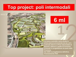 Top project: poli intermodali 6 ml La nuova centralità viaria sfrutta la prima pianura provenendo da est, ed è costruita attorno al Polo intermodale di Ronchi e attorno a quello di Cormons. Entrambi in progettazione da parte della Provincia. Nel 2009 la progettazione definitiva. Finanziamento FES. 