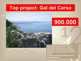 Top project: Gal del Carso 900.000 La Comunità montana del Carso è tramontata. Al suo posto grande intervento attraverso il GAL CARSO, assieme ai comuni e alla Provincia di Trieste. Puntiamo ai fondi del PSR, Piano di Sviluppo Rurale 