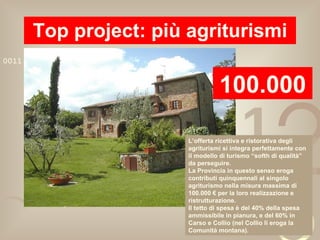 Top project: più agriturismi 100.000 L’offerta ricettiva e ristorativa degli agriturismi si integra perfettamente con il modello di turismo “softh di qualità” da perseguire. La Provincia in questo senso eroga contributi quinquennali al singolo agriturismo nella misura massima di 100.000 € per la loro realizzazione e ristrutturazione. Il tetto di spesa è del 40% della spesa ammissibile in pianura, e del 60% in Carso e Collio (nel Collio li eroga la Comunità montana). 