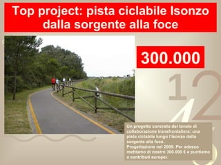 Top project: pista ciclabile Isonzo dalla sorgente alla foce 300.000 Un progetto concreto del tavolo di collaborazione transfrontaliera: una pista ciclabile lungo l’Isonzo dalla sorgente alla foce. Progettazione nel 2009. Per adesso mettiamo di nostro 300.000 € e puntiamo a contributi europei. 
