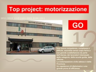 Top project: motorizzazione GO Una nuova competenza, complessa e difficile, assorbita senza colpo ferire e con grande soddisfazione da parte dell’utenza, dei lavoratori interessati, delle categorie, delle scuole guida, delle officine. La motorizzazione civile adesso è della Provincia. Un capolavoro di diplomazia e una grande prova di efficienza. 